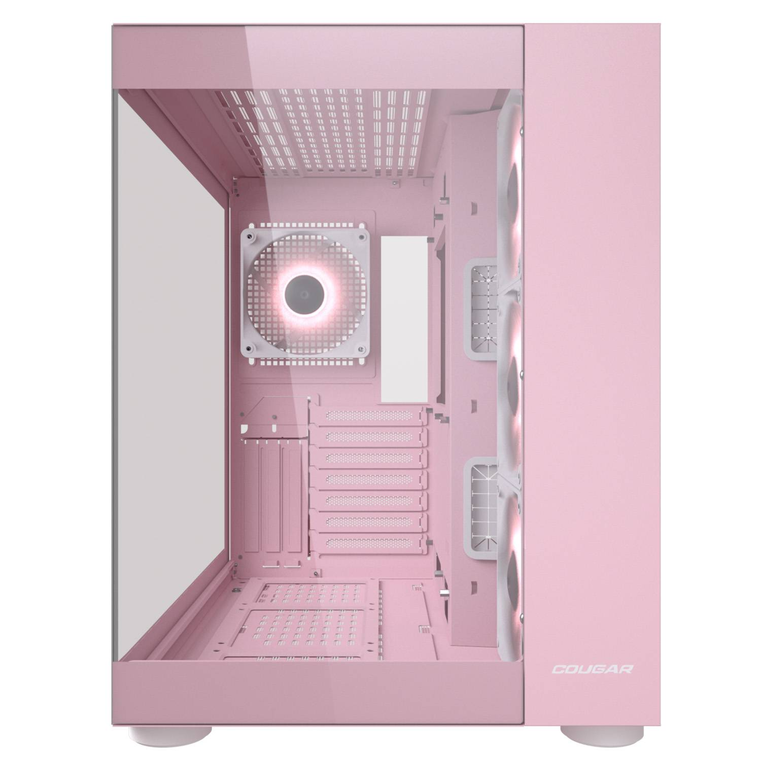 Ein rosa Computergehäuse mit Glasfront und Lüftern.
