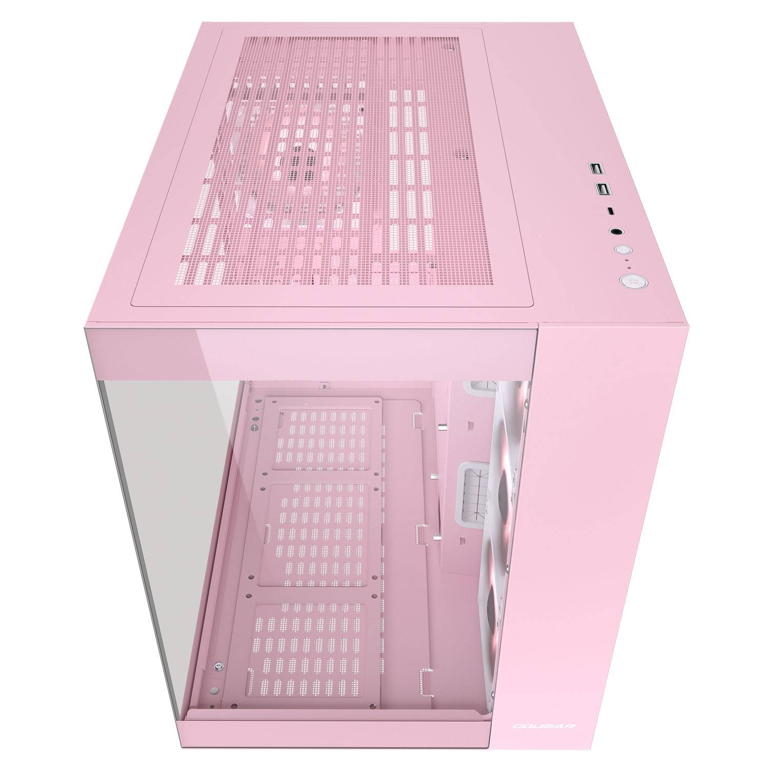 Pinker Computergehäuse mit Glasseitenteil und Mesh-Oberseite. Ein-/Aus-Tasten oben sichtbar.