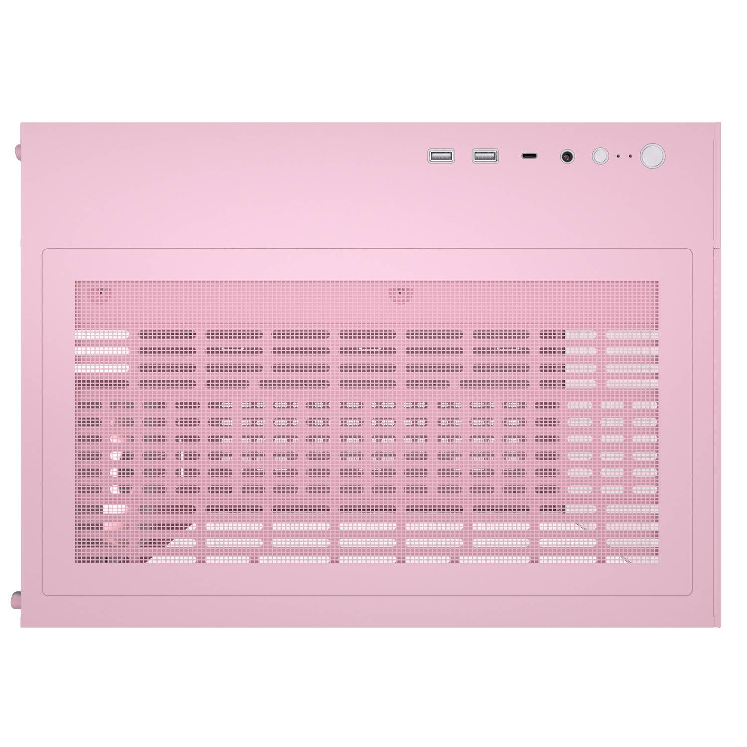 Ein rosa Computergehäuse mit Lüftungsgitter und Anschlüssen oben.
