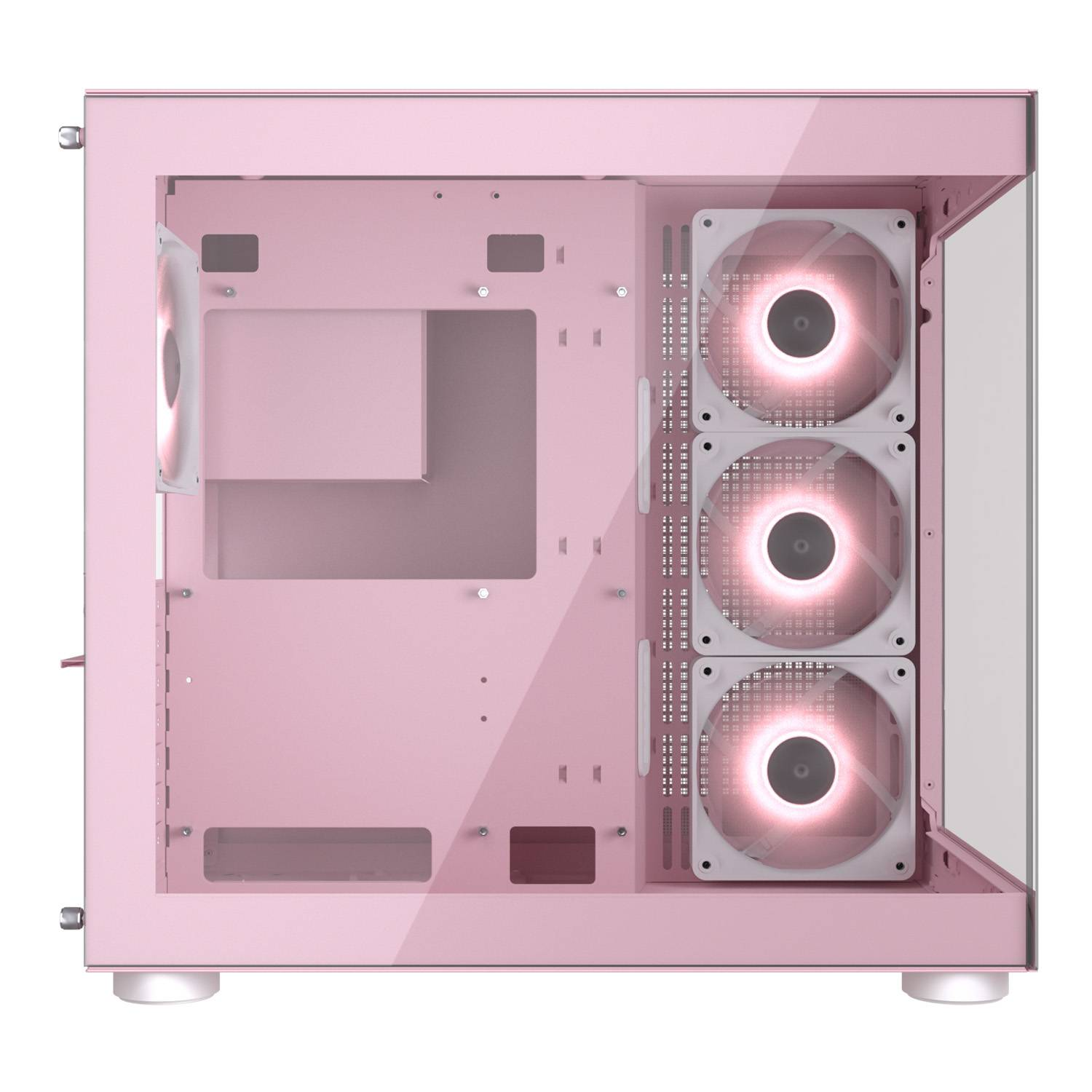 Ein rosa Computergehäuse mit Glasfront und drei beleuchteten Lüftern.