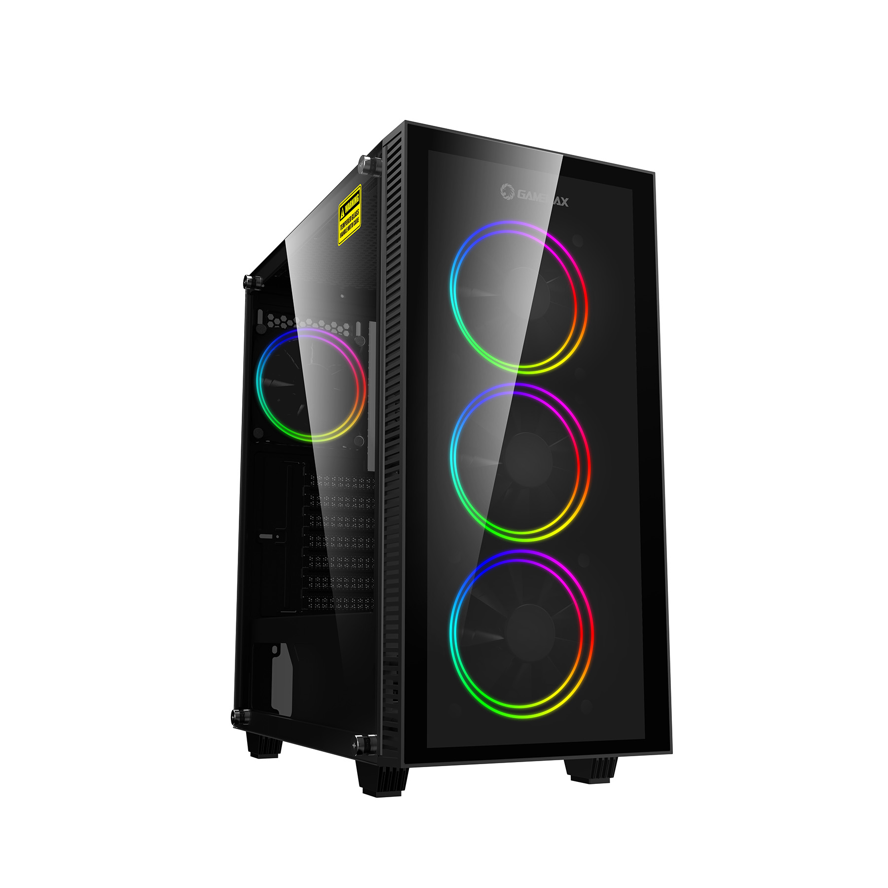 Schwarzes PC-Gehäuse mit Glasfront und RGB-Lüftern.
