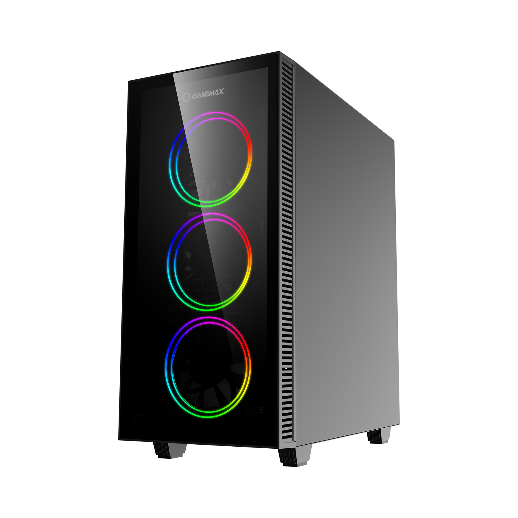 Schwarzer PC-Gehäuse mit RGB-Lüftern und Glasfront.