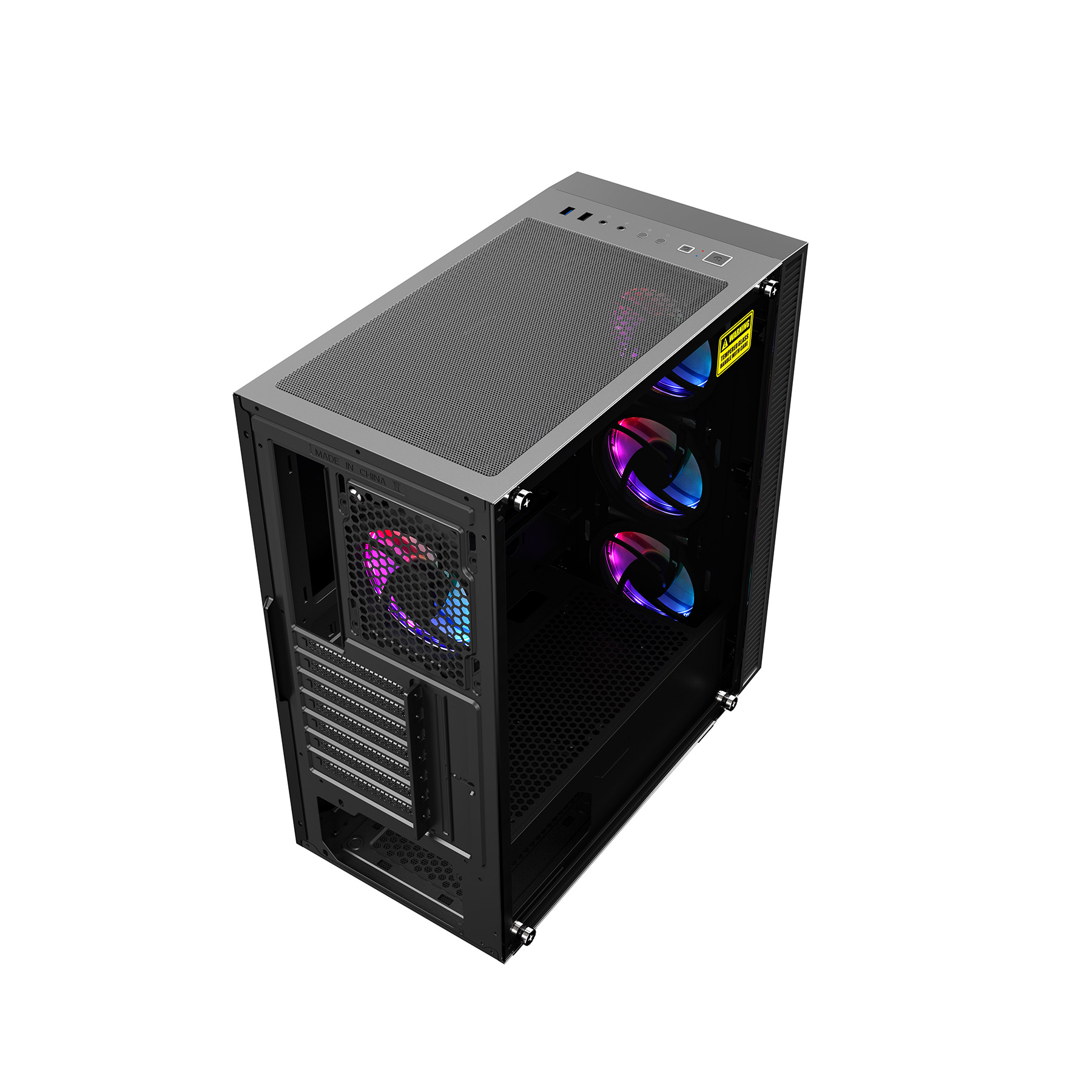 Schwarzes PC-Gehäuse mit blau-roten Lüftern und Glasfenster. Weißer Hintergrund.