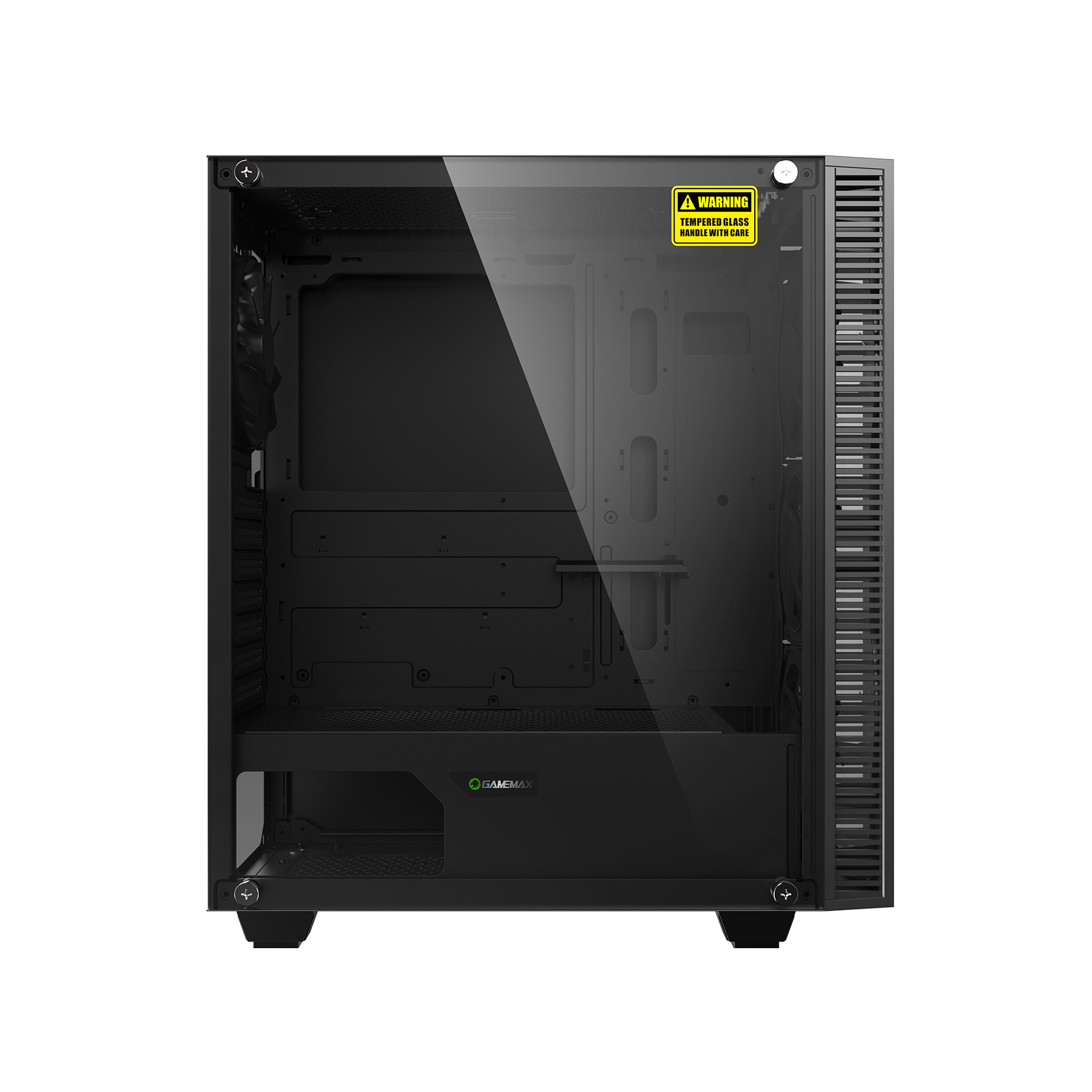 Schwarzes Computergehäuse mit Glasfront und Warnhinweis.