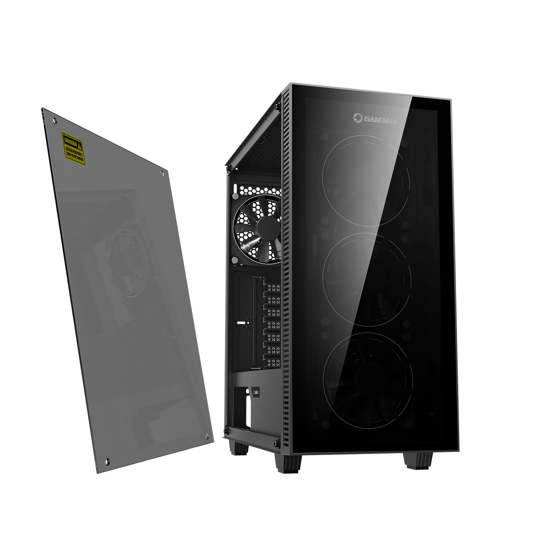 Ein schwarzes Computergehäuse mit Glasfront und Lüftern. Eine Seitentür liegt daneben.