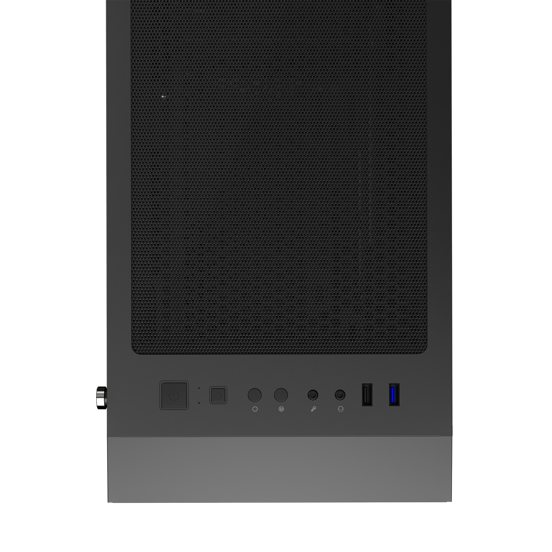 Ein schwarzes Computergehäuse mit silbernen Anschlüssen und Knöpfen vorne.