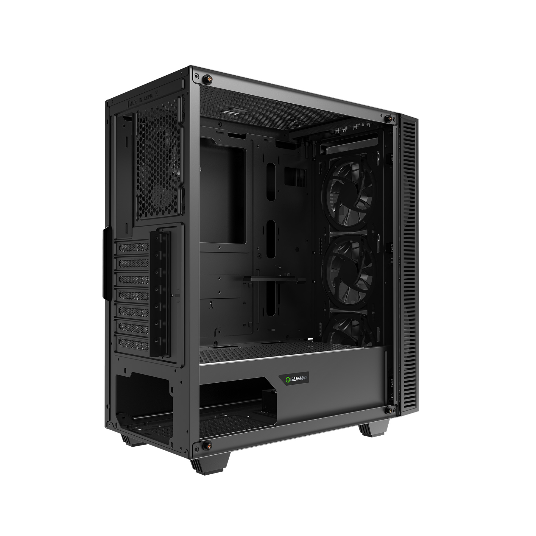 Ein schwarzes Computergehäuse mit drei Lüftern und Lüftungsschlitzen.