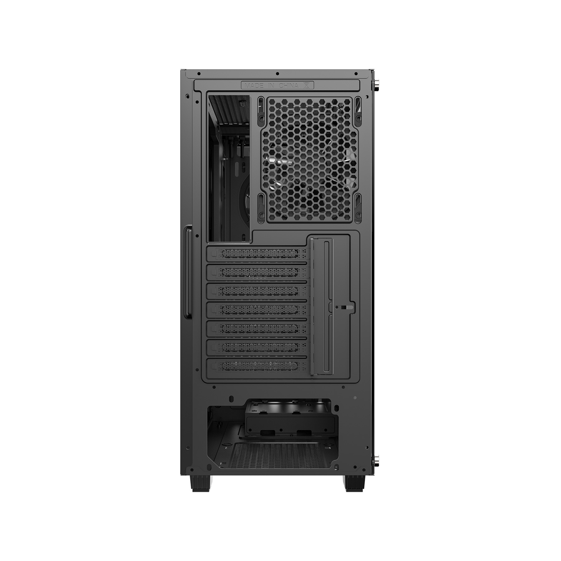 Rückseite eines schwarzen Computergehäuses mit Lüftungsschlitzen und Anschlüssen.