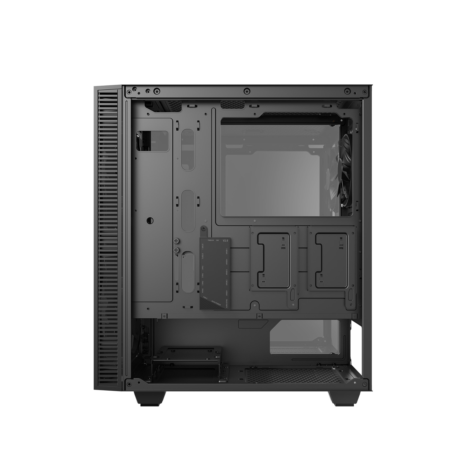 Schwarzes Computergehäuse mit offenem Seitenpanel, Lüfter und Anschlüssen sichtbar.