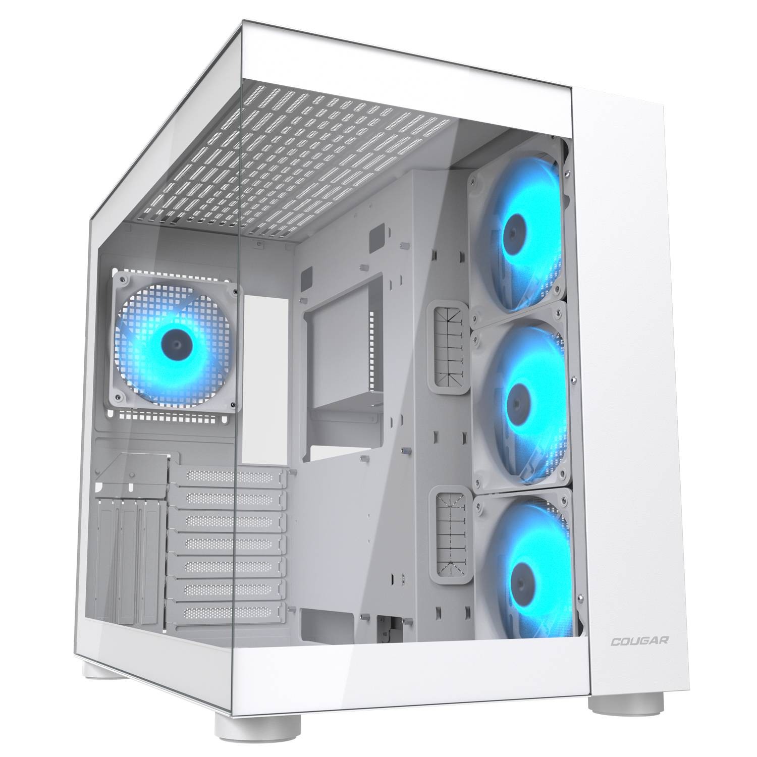 Ein weißes PC-Gehäuse mit blau beleuchteten Lüftern und Glastür.