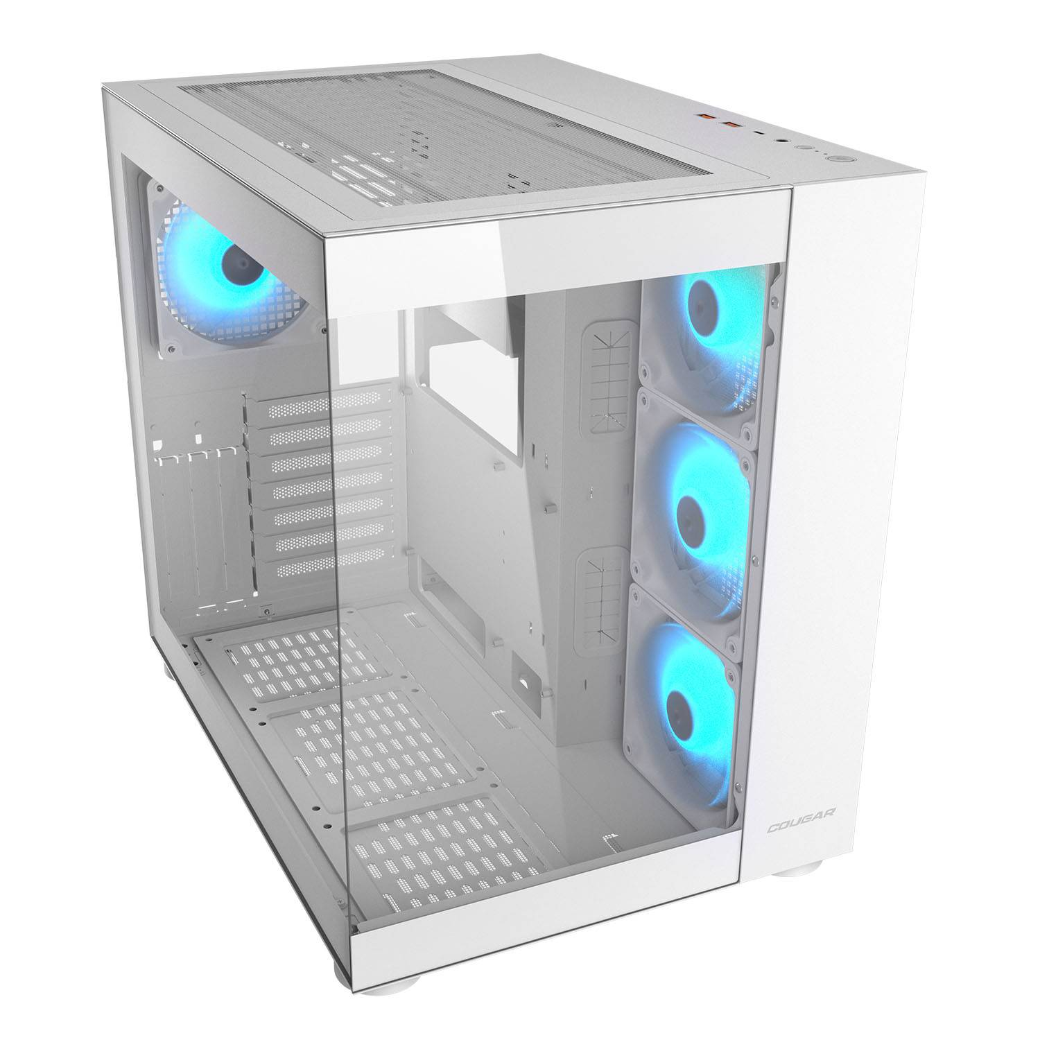 Weiße PC-Gehäuse mit Glas-Seitenwand, vier blau leuchtende Lüfter sichtbar.
