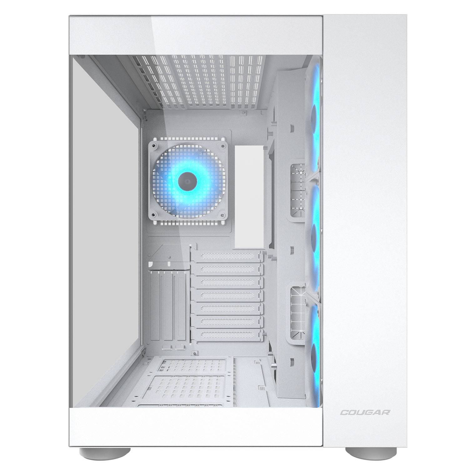Ein weißes Computergehäuse mit beleuchteten Lüftern und Glasfenster.