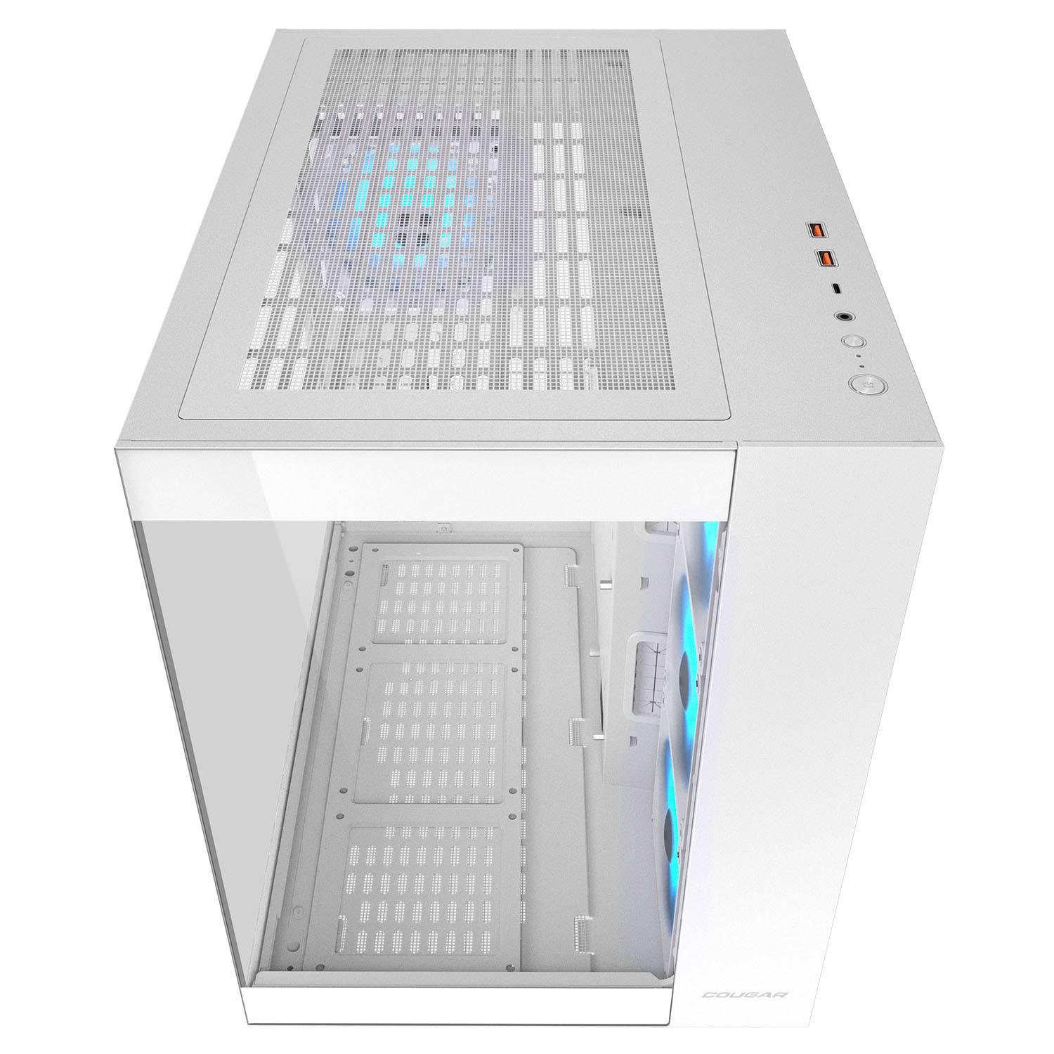 Ein weißes Computergehäuse mit Glasfront und blauen Lüftern.