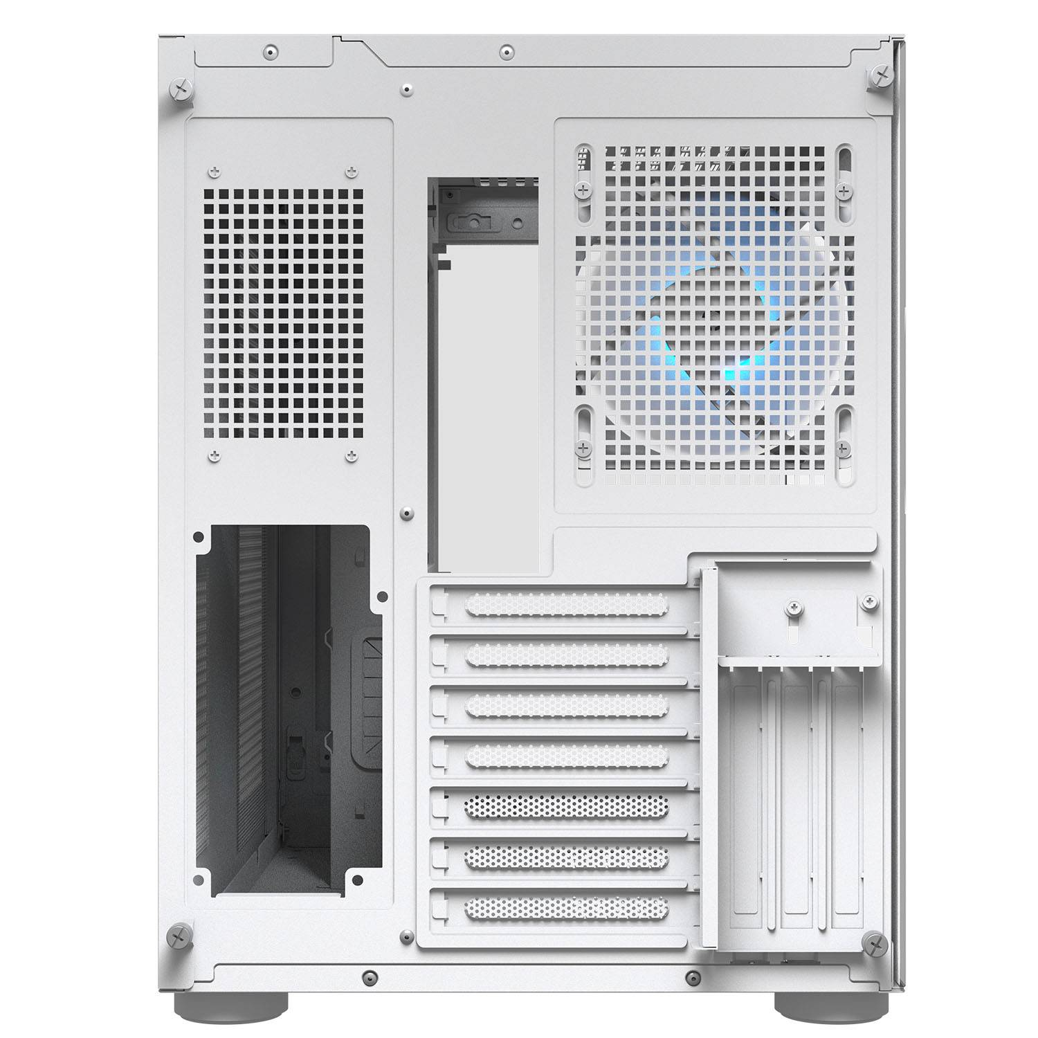Rückseite eines weißen PC-Gehäuses mit Lüfter und Erweiterungssteckplätzen.