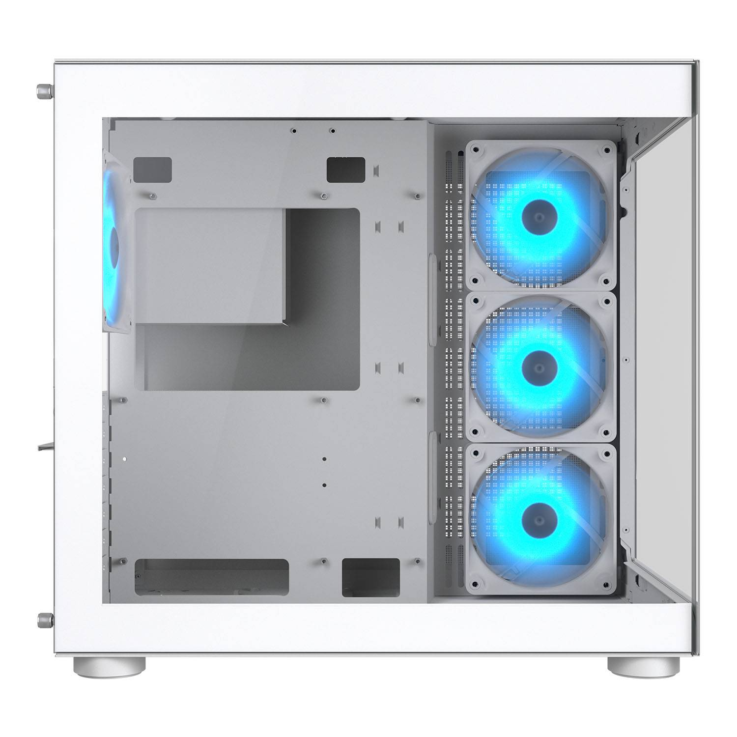 Ein weißes Computergehäuse mit drei blauen Lüftern und Glasfront.