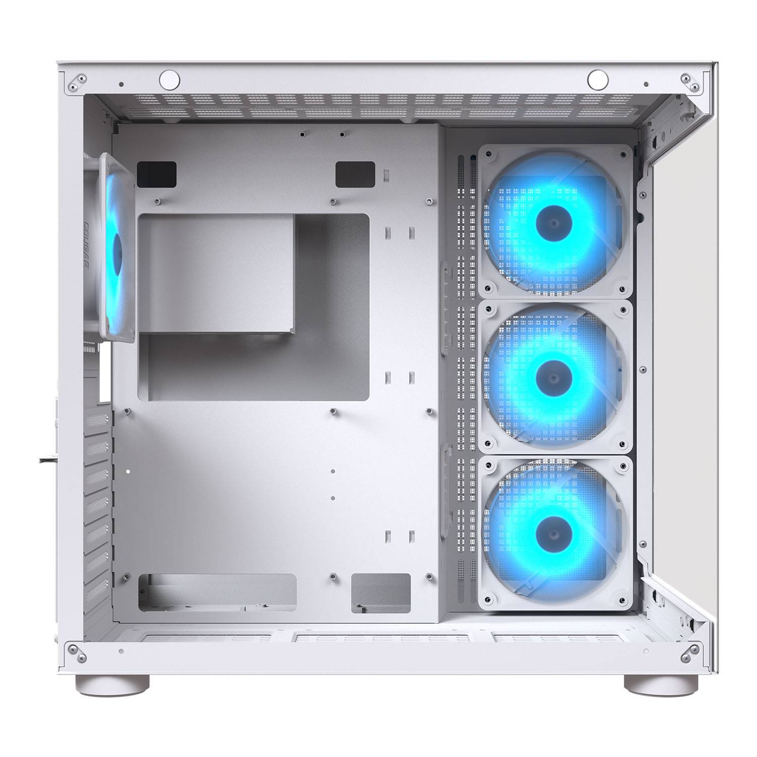 Weißes Computergehäuse-Interieur mit drei blauen LED-Lüftern rechts und einem links.