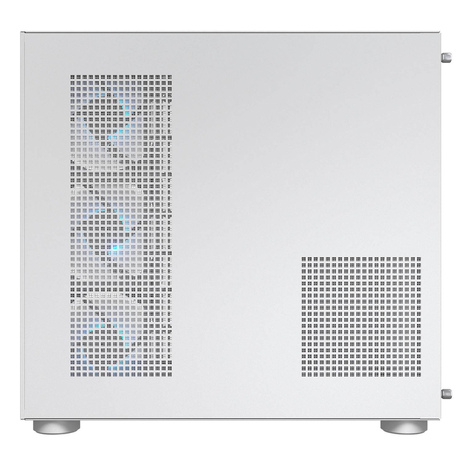 Ein weißes Computergehäuse mit Lüftungsgittern auf der linken Seite und Füßen.