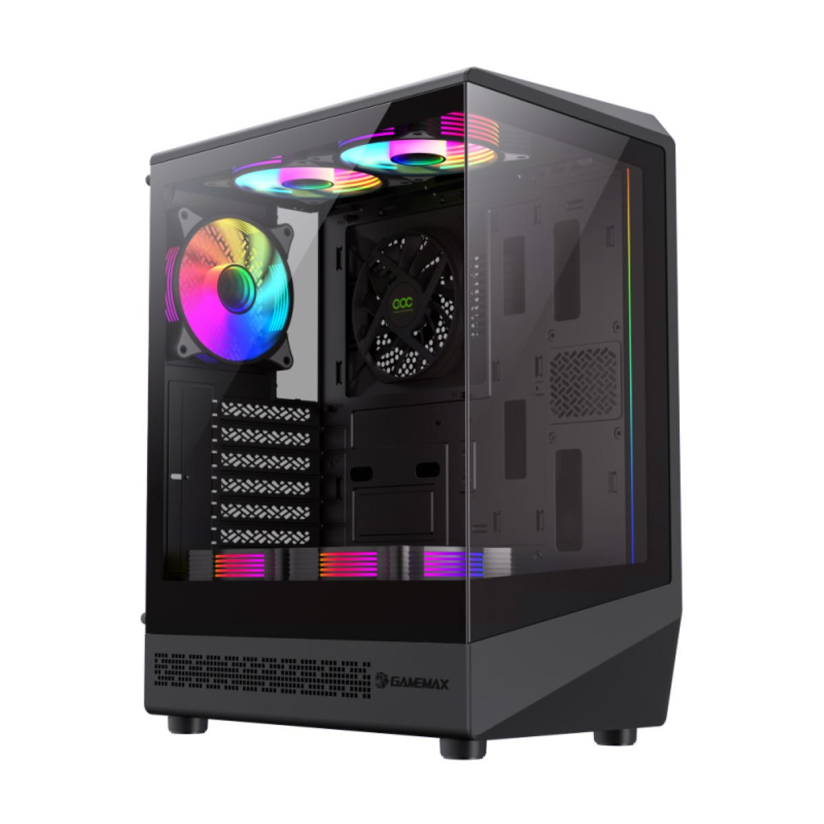 Ein schwarzes Computergehäuse mit RGB-Lüftern und Beleuchtung. Das Gehäuse hat eine Glasseitenwand.