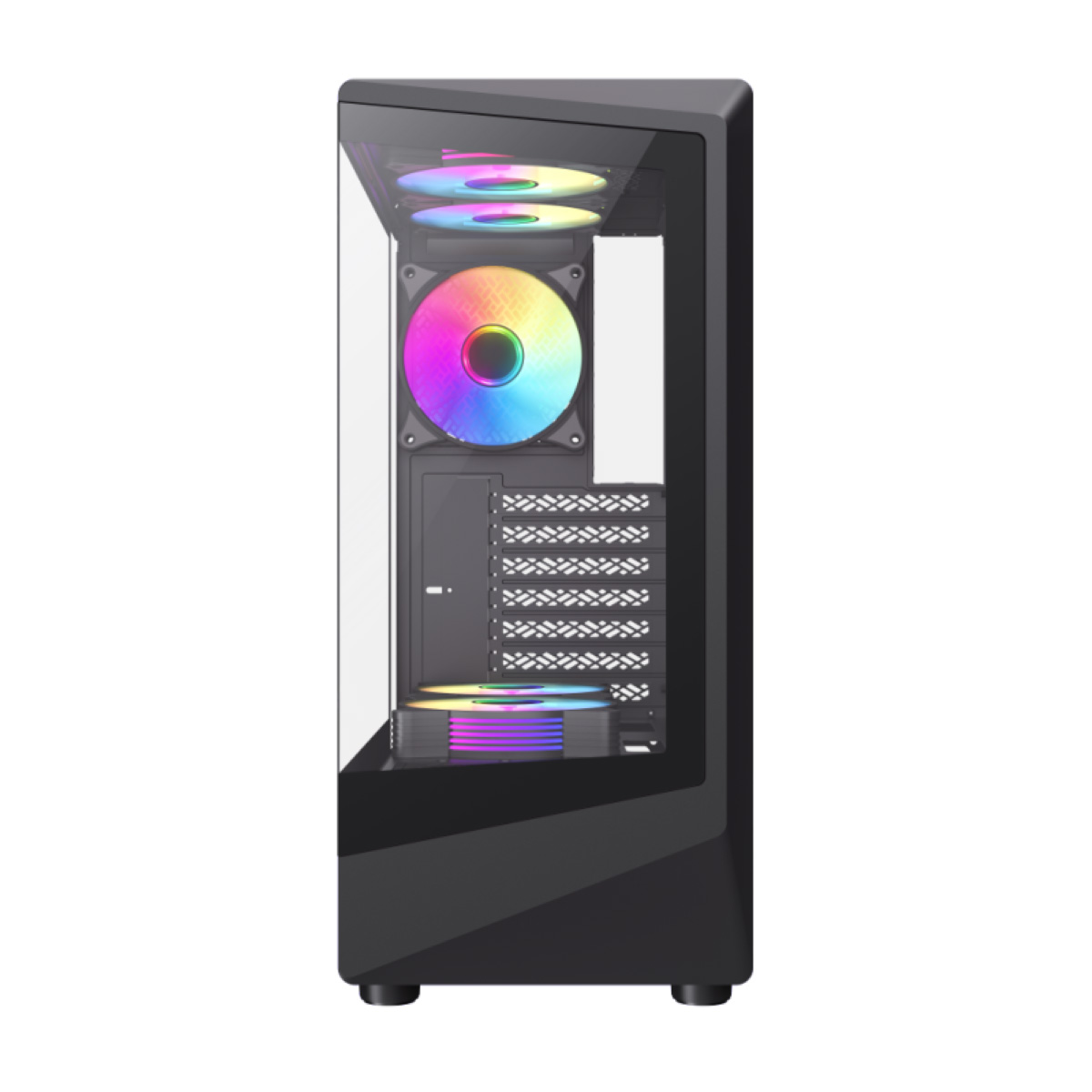 Schwarzes PC-Gehäuse mit Glasfront und bunten Lüftern.