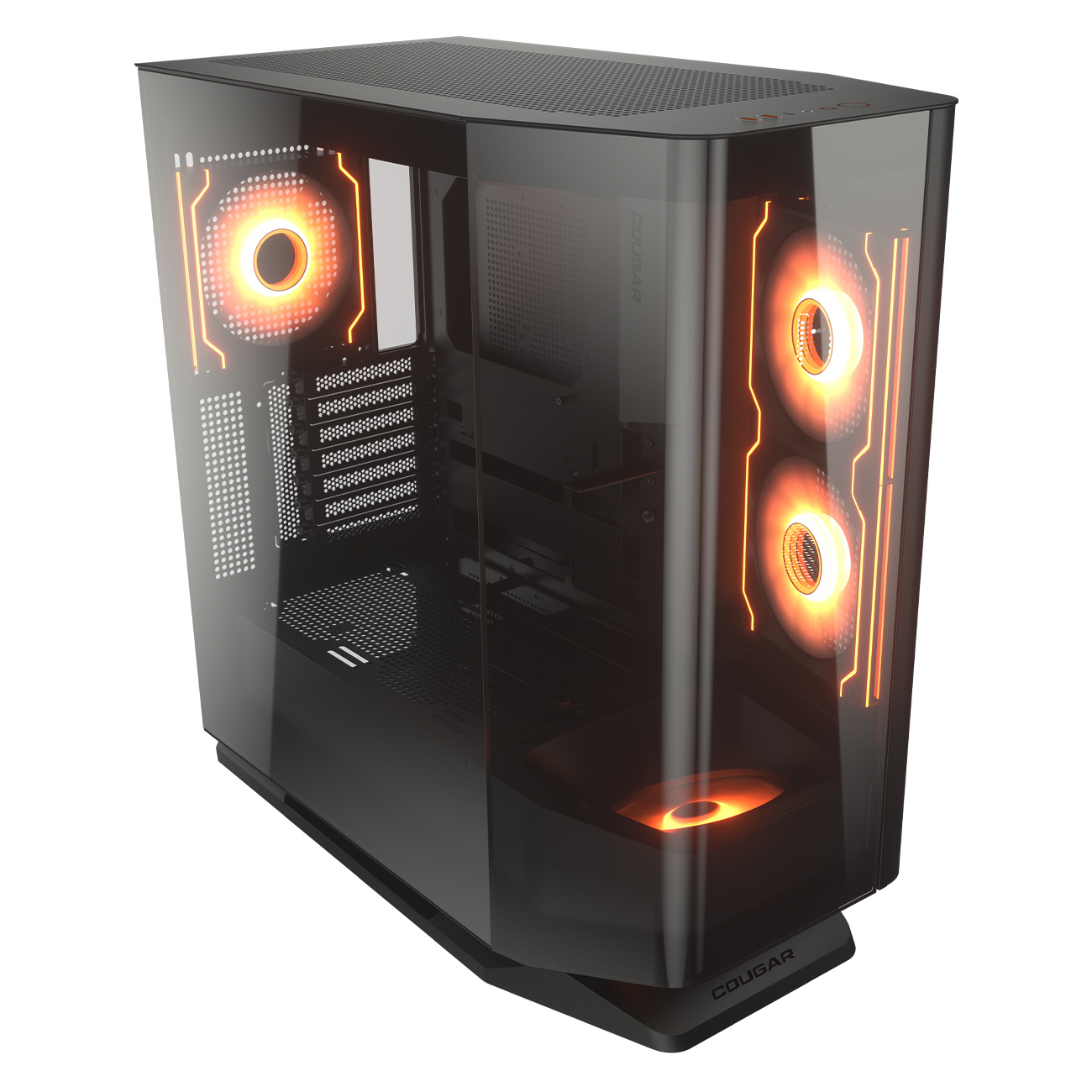 Ein schwarzes PC-Gehäuse mit Glasfenstern und leuchtend orangen Lüftern.