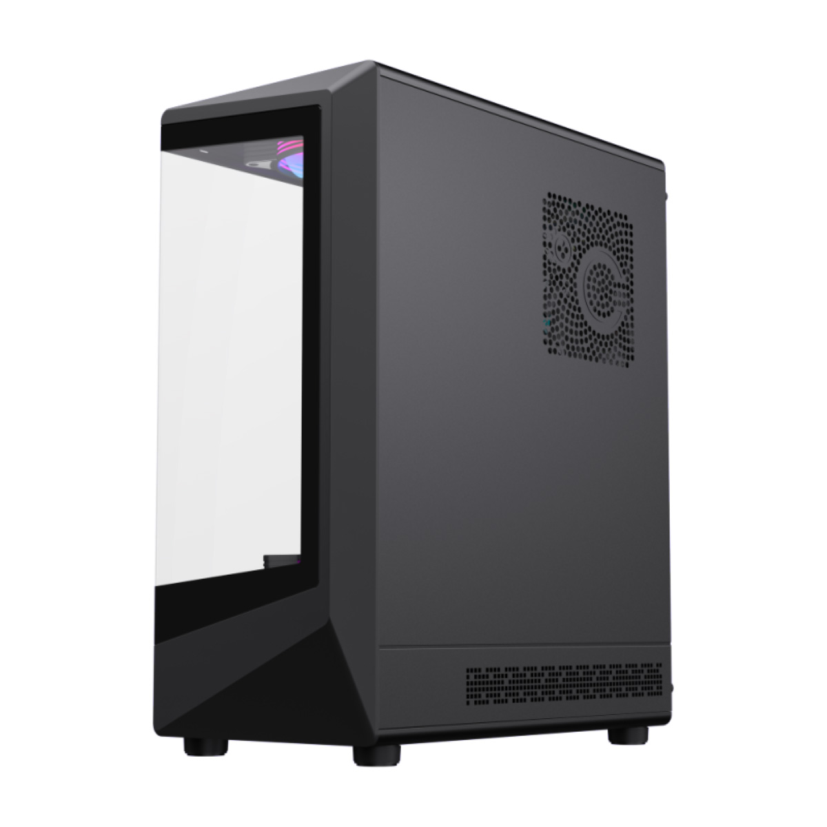 Schwarzes PC-Gehäuse mit Glasfront und Lüftungsschlitzen auf der Rückseite.