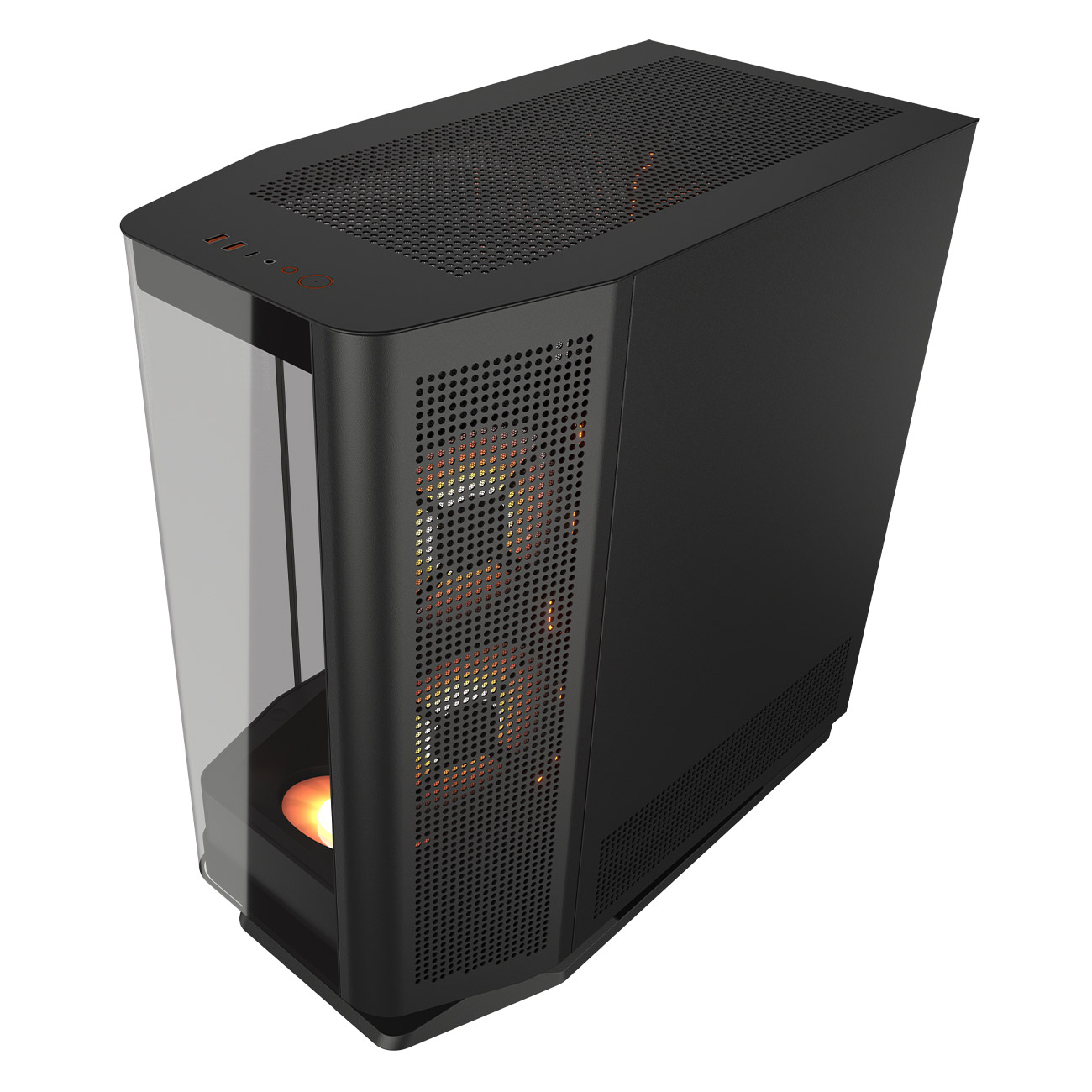 Schwarzer Computerturm mit transparenter Front und orangefarbener Innenbeleuchtung.