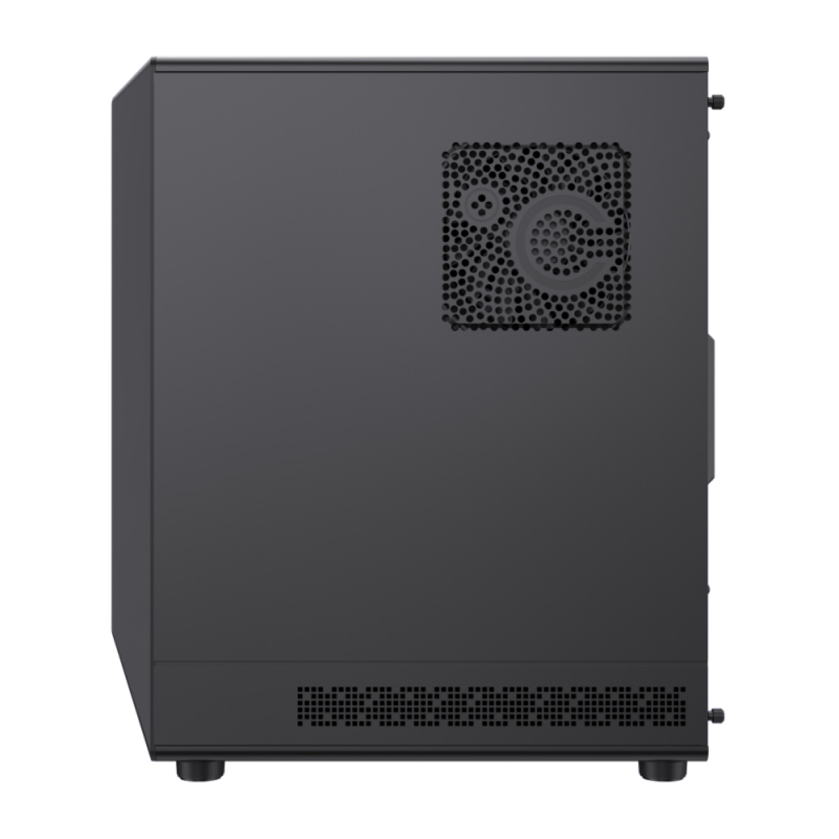 Schwarzes Computergehäuse mit Lüftungsgitter und Lüfter auf der Seite.