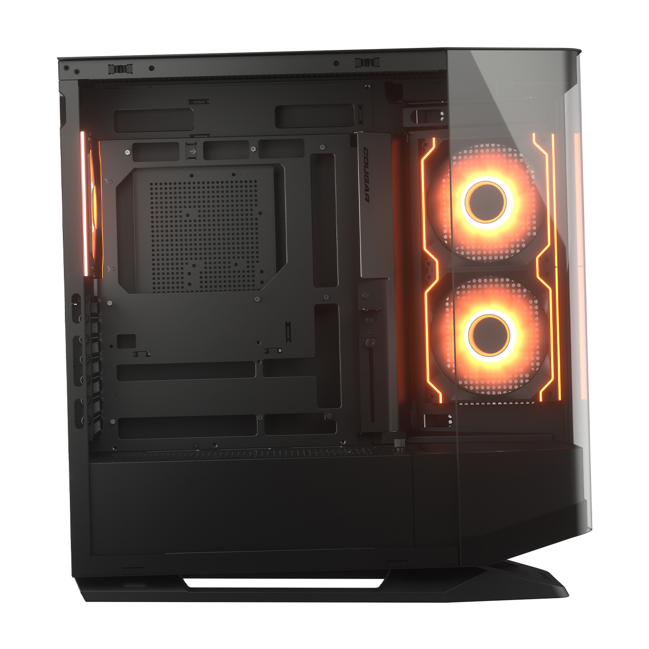 Schwarzes Computergehäuse mit orange leuchtenden Lüftern und interner Beleuchtung, weißer Hintergrund.
