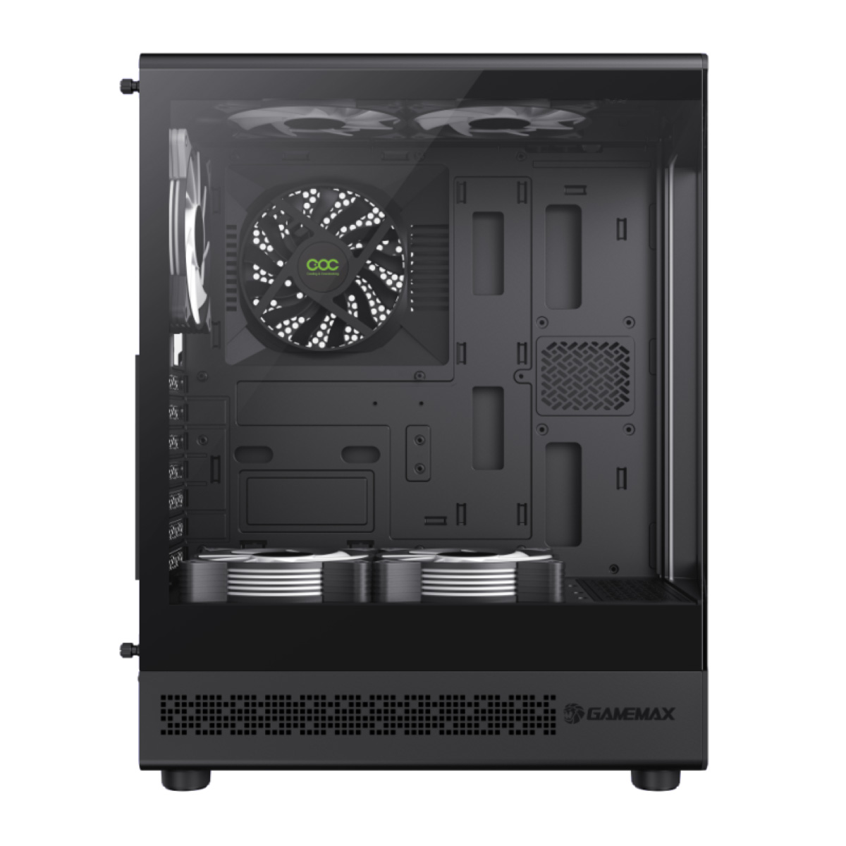 Schwarzes Computergehäuse-Interieur mit Lüftern und Laufwerksschächten. Gamemax-Logo sichtbar.