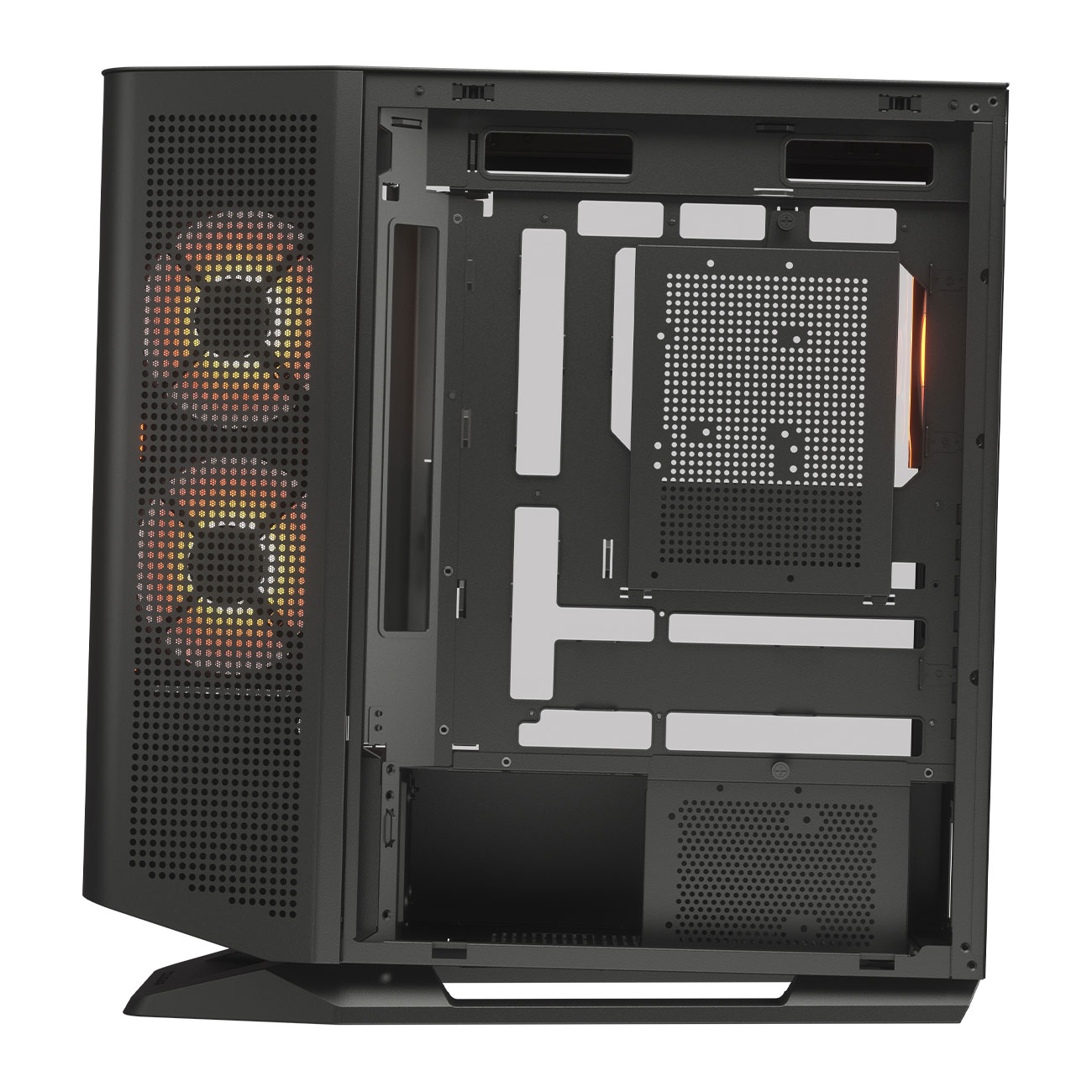 Ein schwarzes Computergehäuse mit Lüftern und sichtbaren internen Komponenten.
