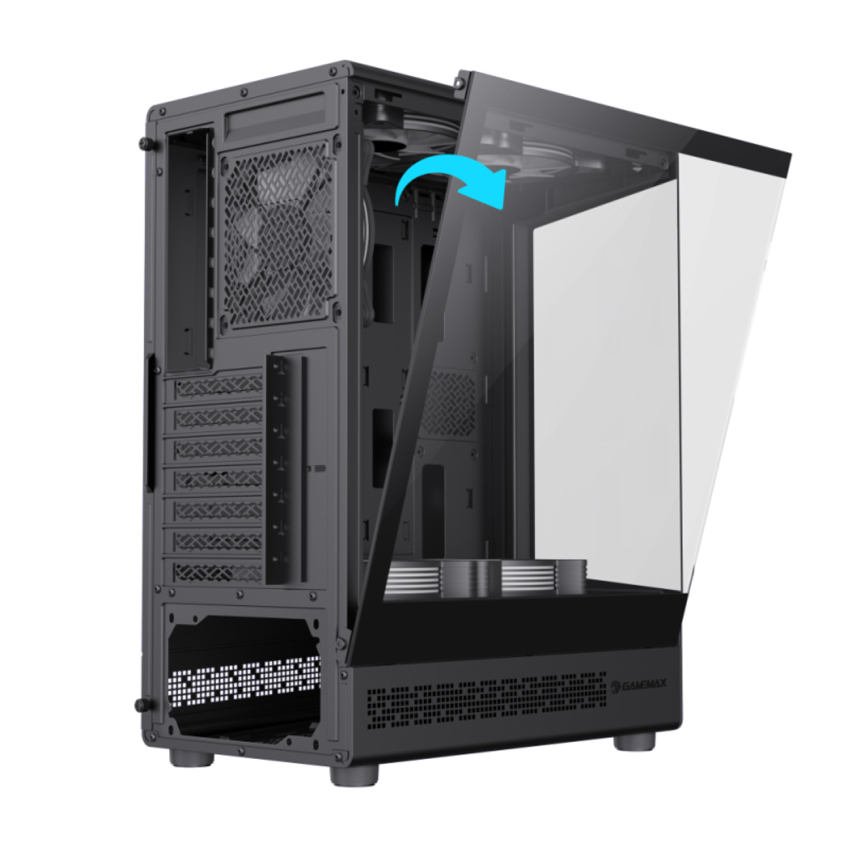 Ein schwarzes Computergehäuse mit geöffneter Glastür und einem blauen Pfeil.