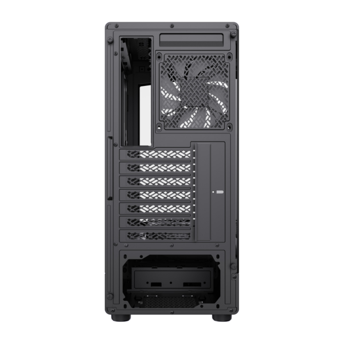 Rückseite eines schwarzen Computergehäuses mit Lüfter und Steckplätzen.