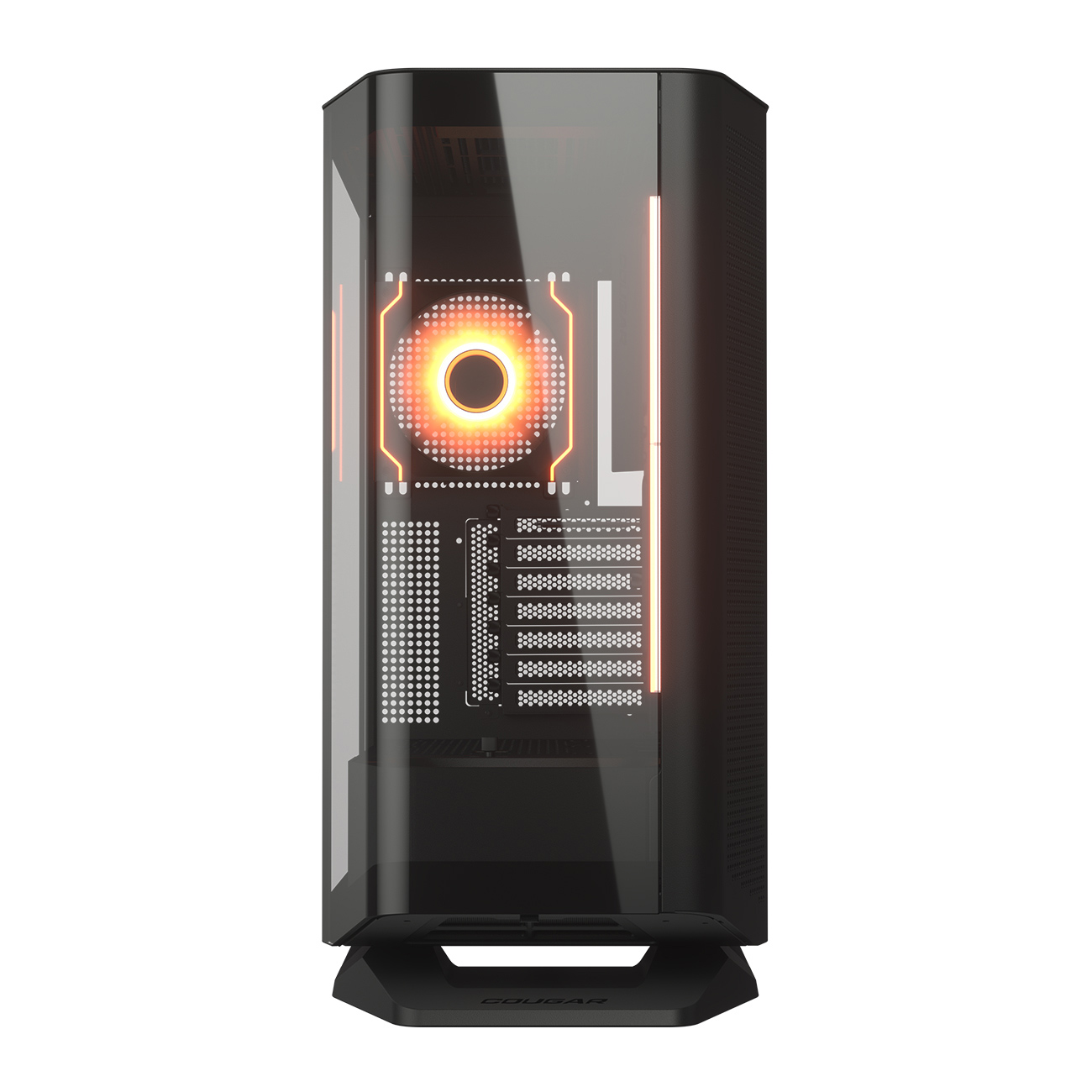Schwarzer PC-Gehäuse mit Glasfront und orangefarbener Lüfterbeleuchtung.
