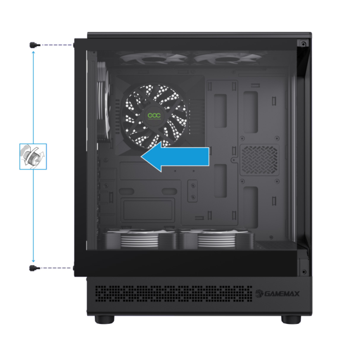 Ein schwarzes Computergehäuse mit Lüftern und blauer Pfeilmarkierung.