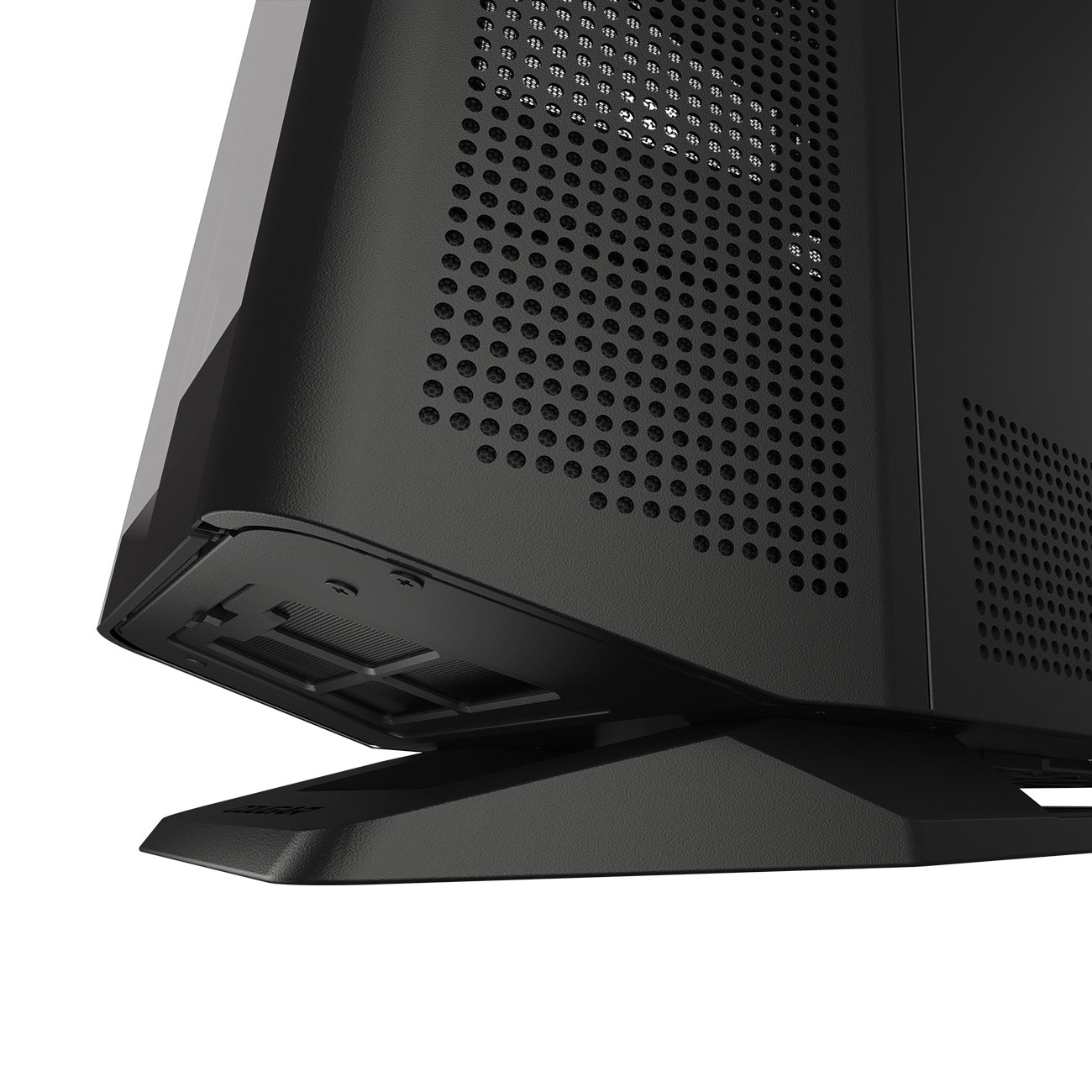 Ein schwarzes Computergehäuse mit Lüftungsgitter auf einem Ständer.