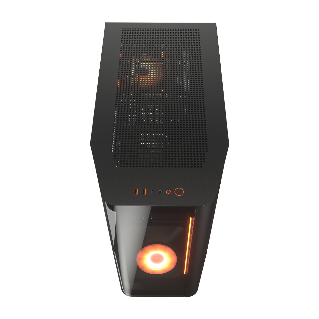 Schwarzes PC-Gehäuse mit orangefarbener Beleuchtung und Lüfter.