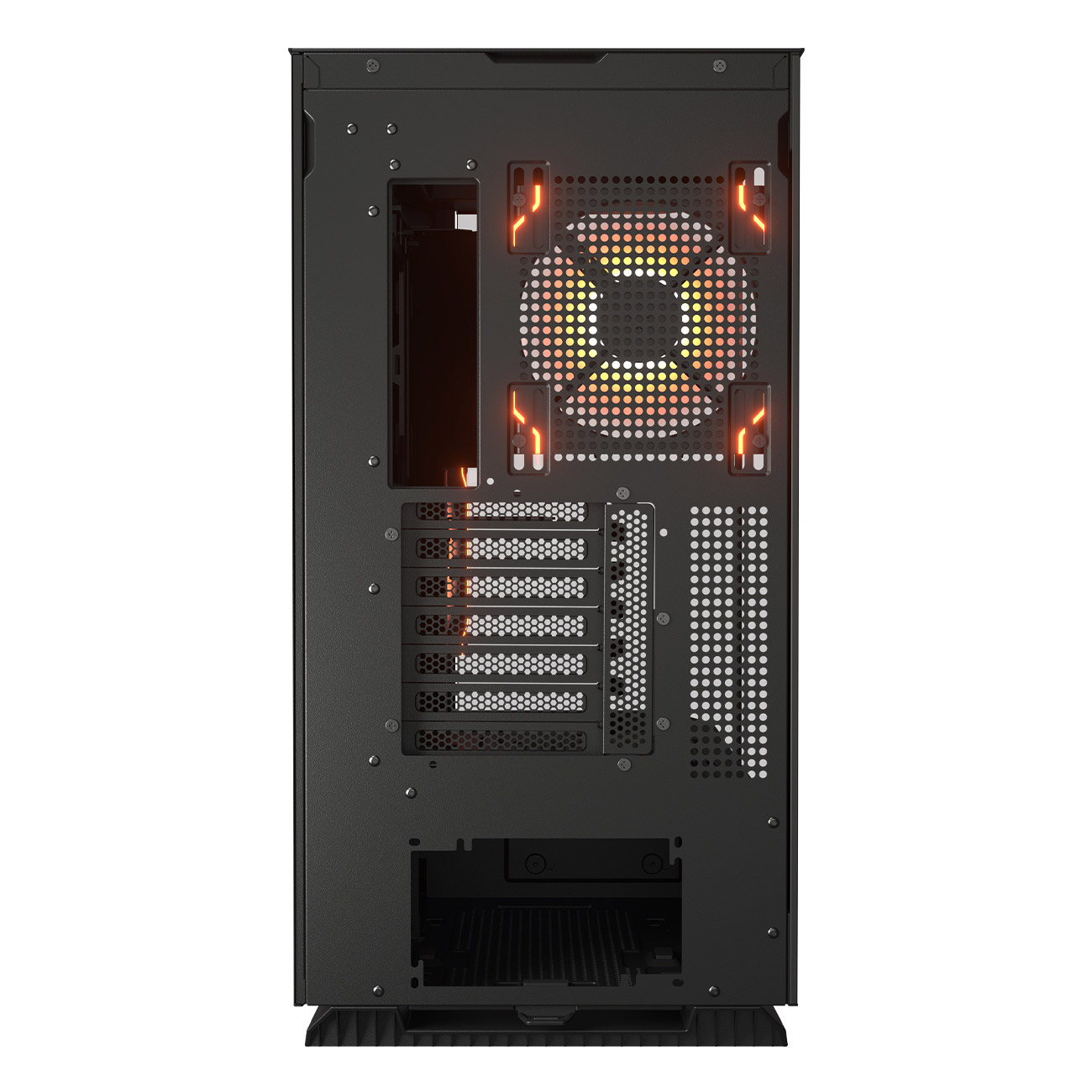 Rückseite eines schwarzen Computergehäuses mit Lüfter und Anschlüssen.