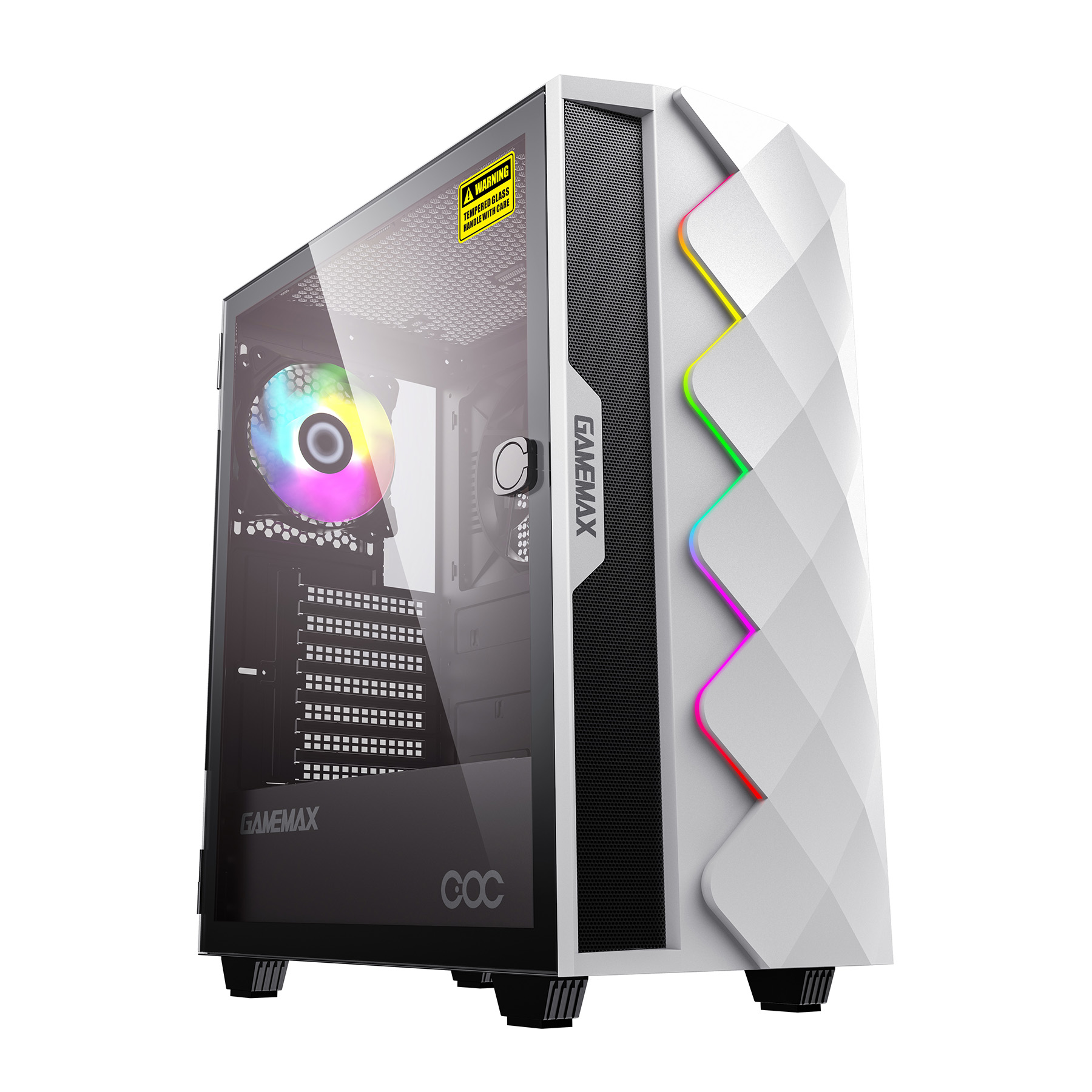 Ein weißes Computergehäuse mit RGB-Lüfter und Glasfenster.