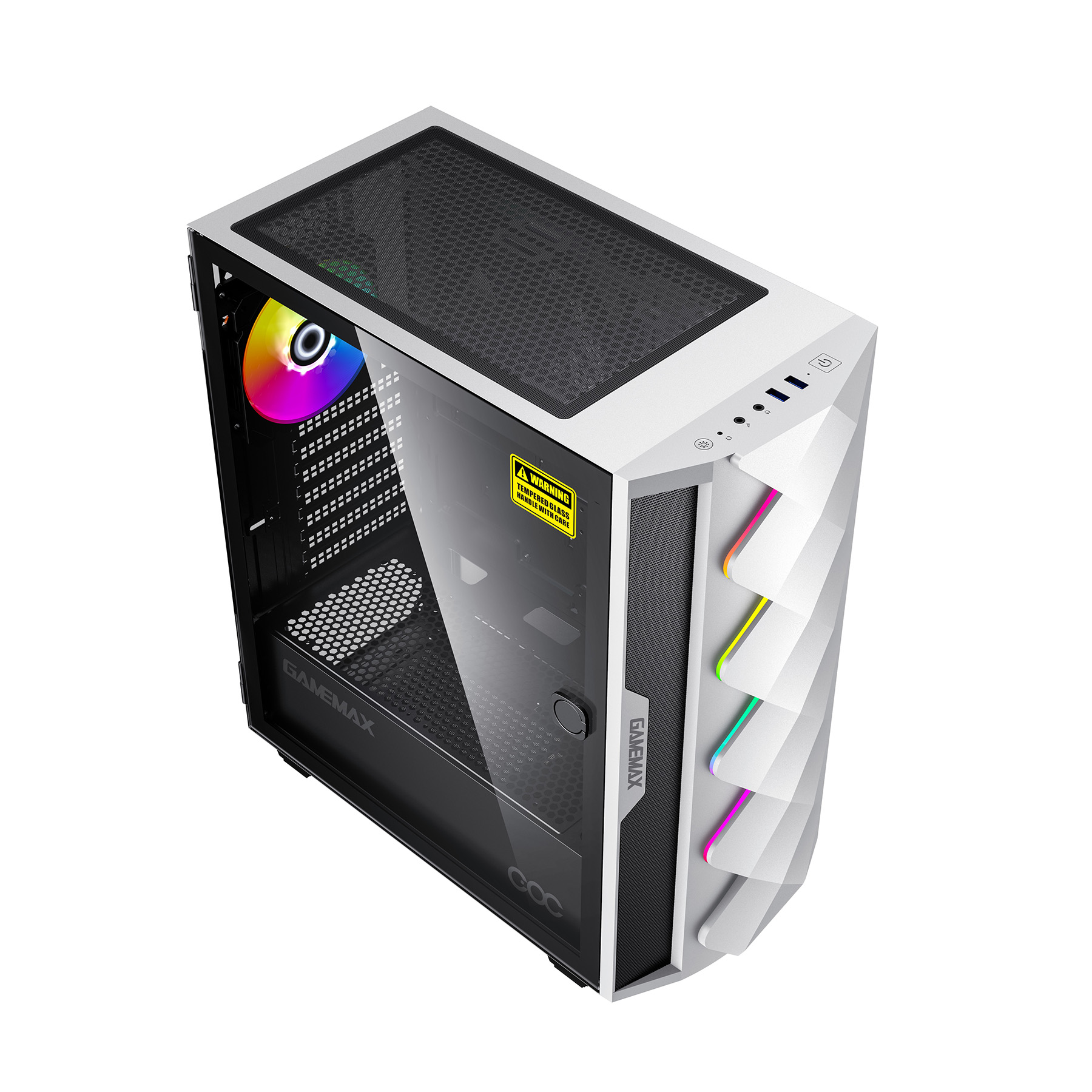 Ein weißes PC-Gehäuse mit Glasfront, RGB-Lüfter und farbigen Akzenten.