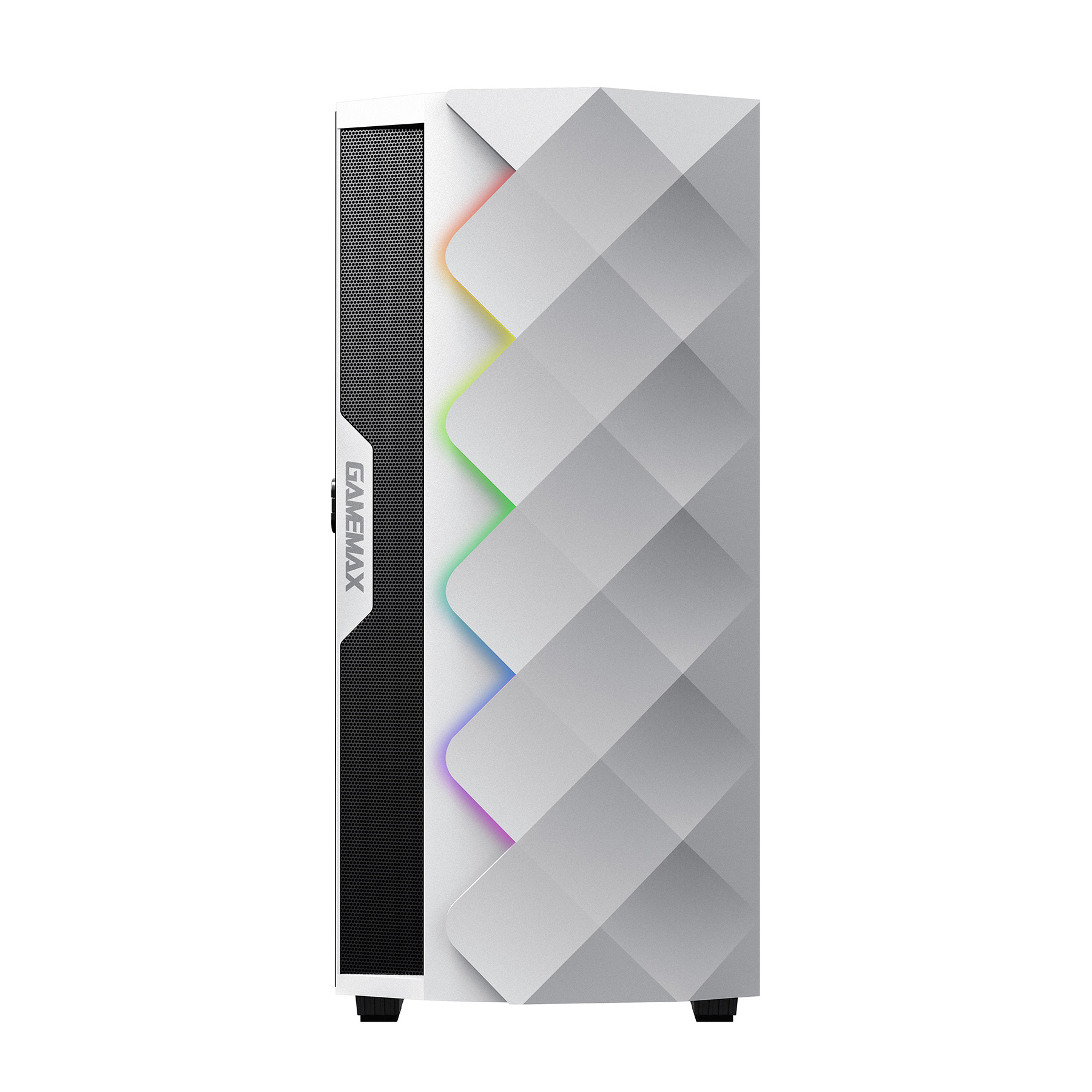 Weißer PC-Gehäuse mit schwarzem Mesh-Panel und RGB-Akzenten.