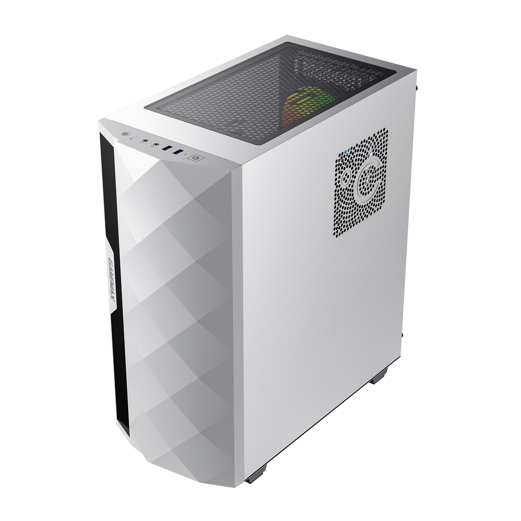 Ein weißes Computergehäuse mit grafischem Muster vorne und Lüftergitter oben.