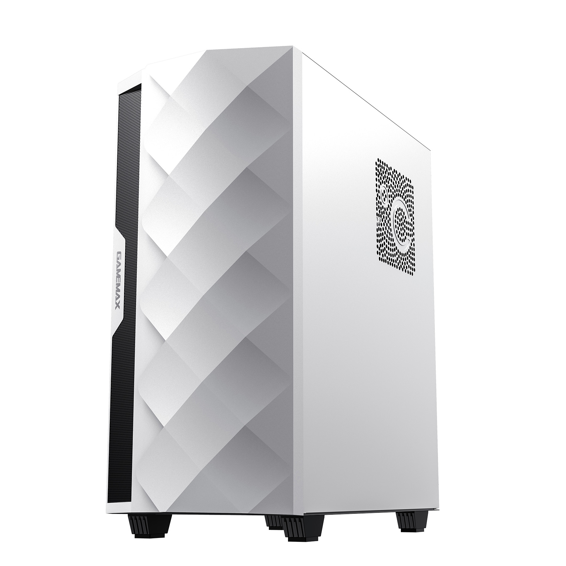 Ein weißes Computergehäuse mit geometrischem Muster und Lüftungsschlitzen.