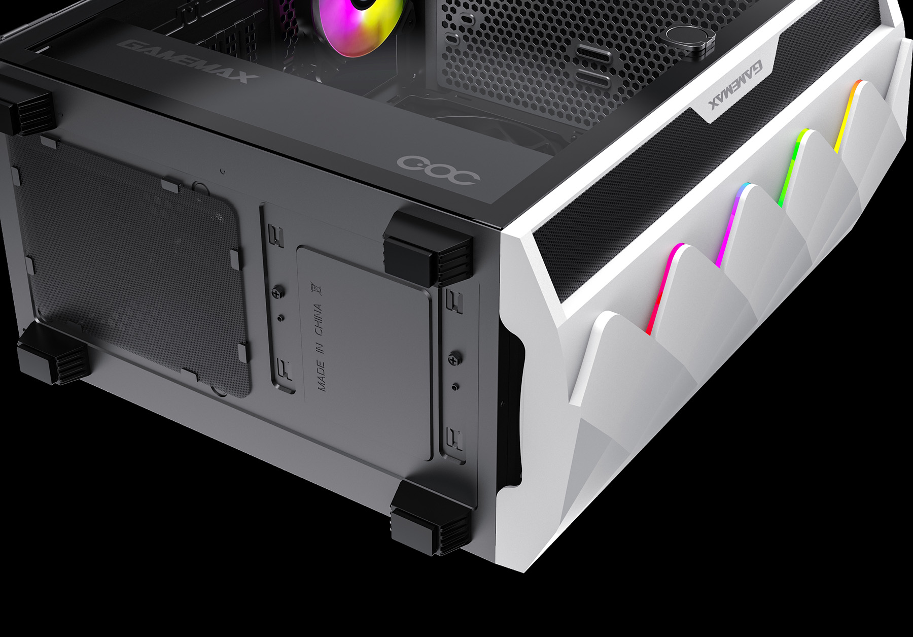 Ein schwarzer Computergehäuse mit weißer Vorderseite und RGB-Beleuchtung.