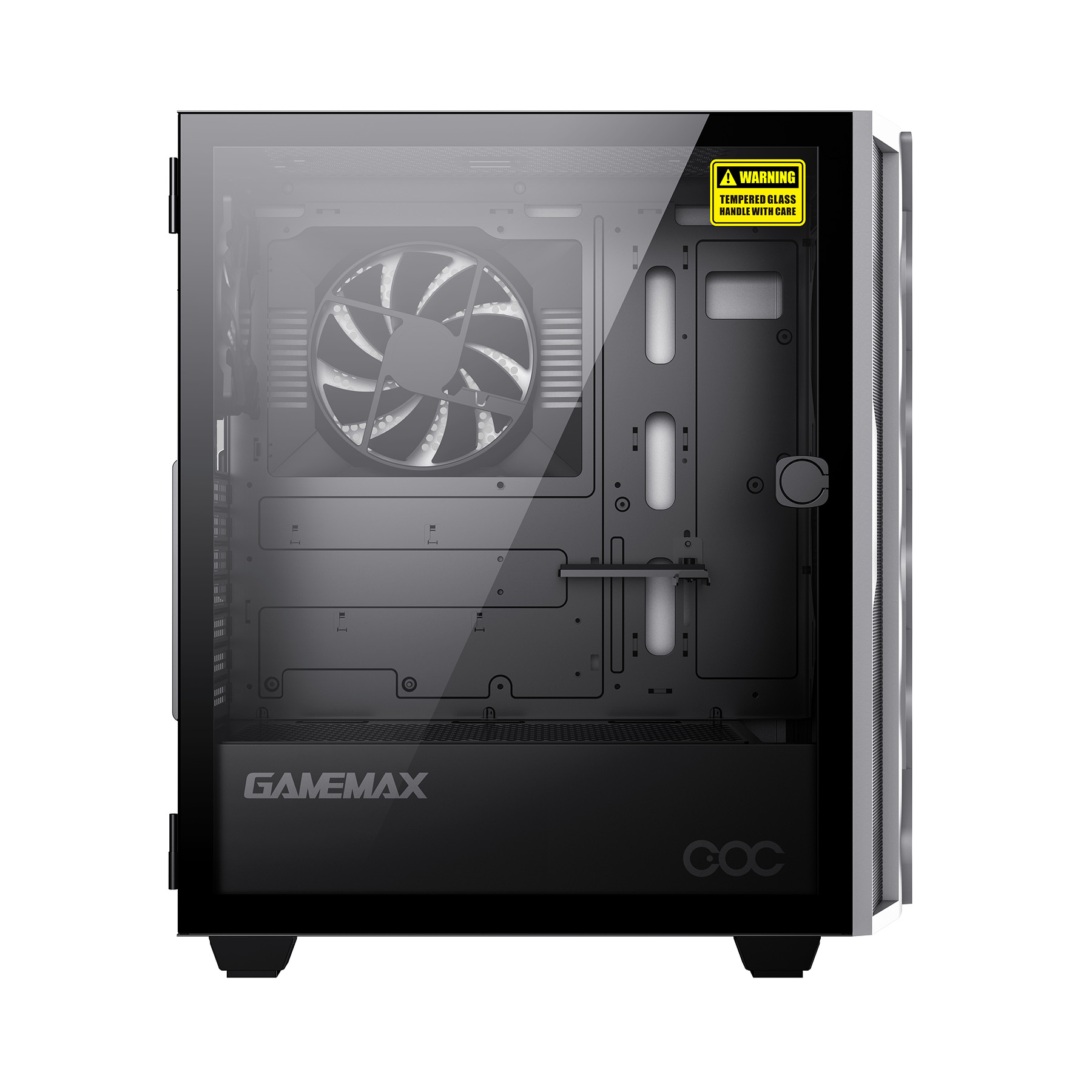 Schwarzes PC-Gehäuse mit Lüfter, Glasfront und Warnaufkleber auf Weiß.