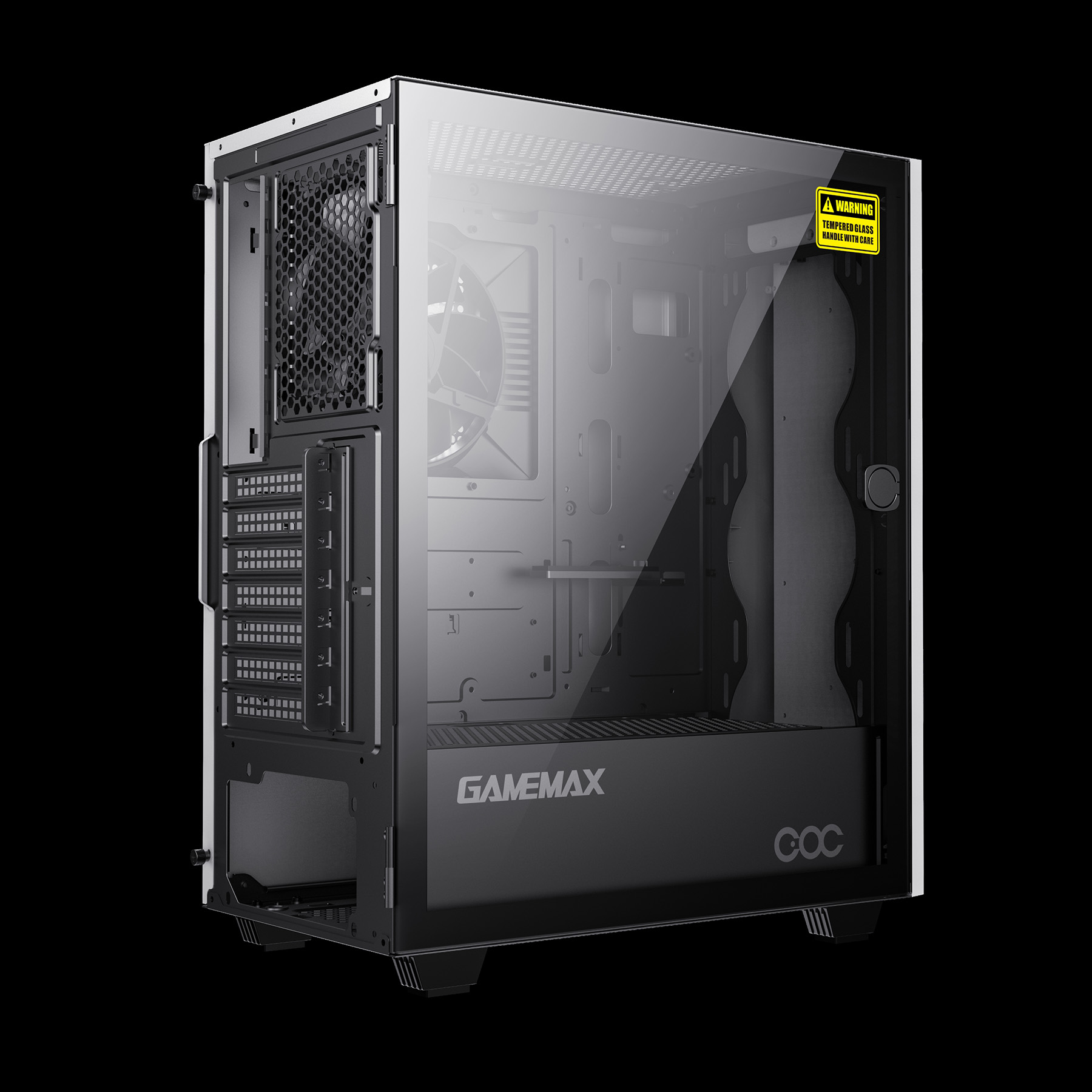 Ein weißer PC-Gehäuse mit Glasfront, Lüfter und Warnaufkleber.