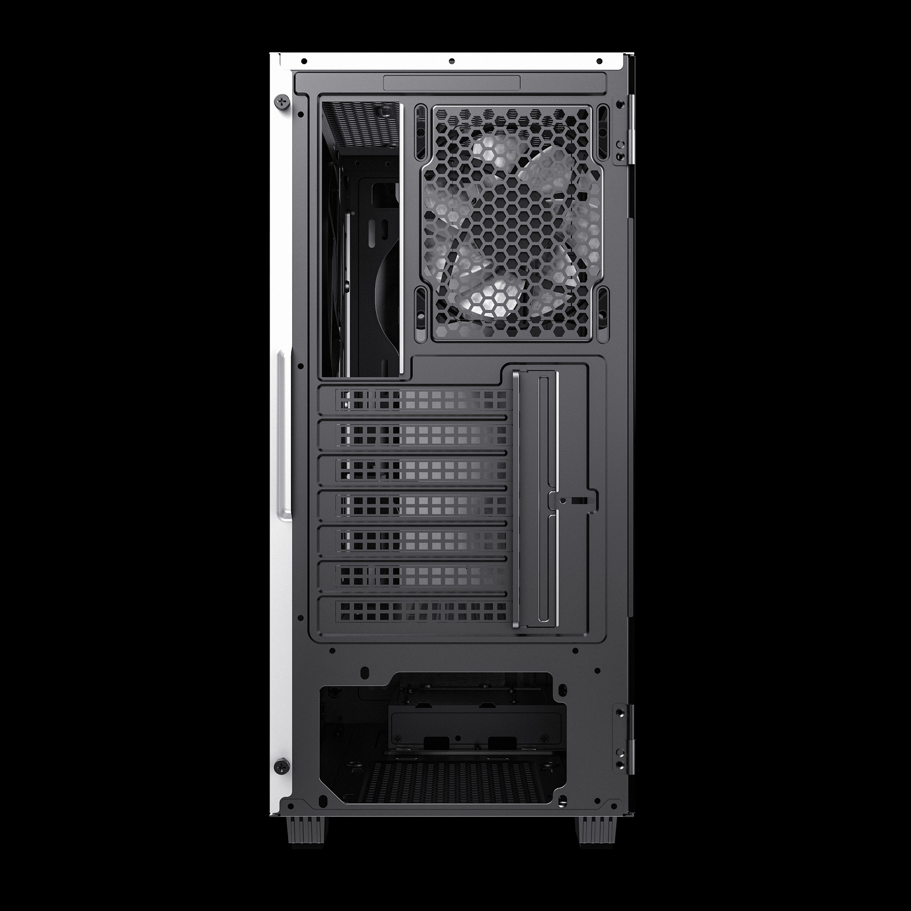 Rückseite eines weißen Computergehäuses mit Lüfter und Erweiterungssteckplätzen.