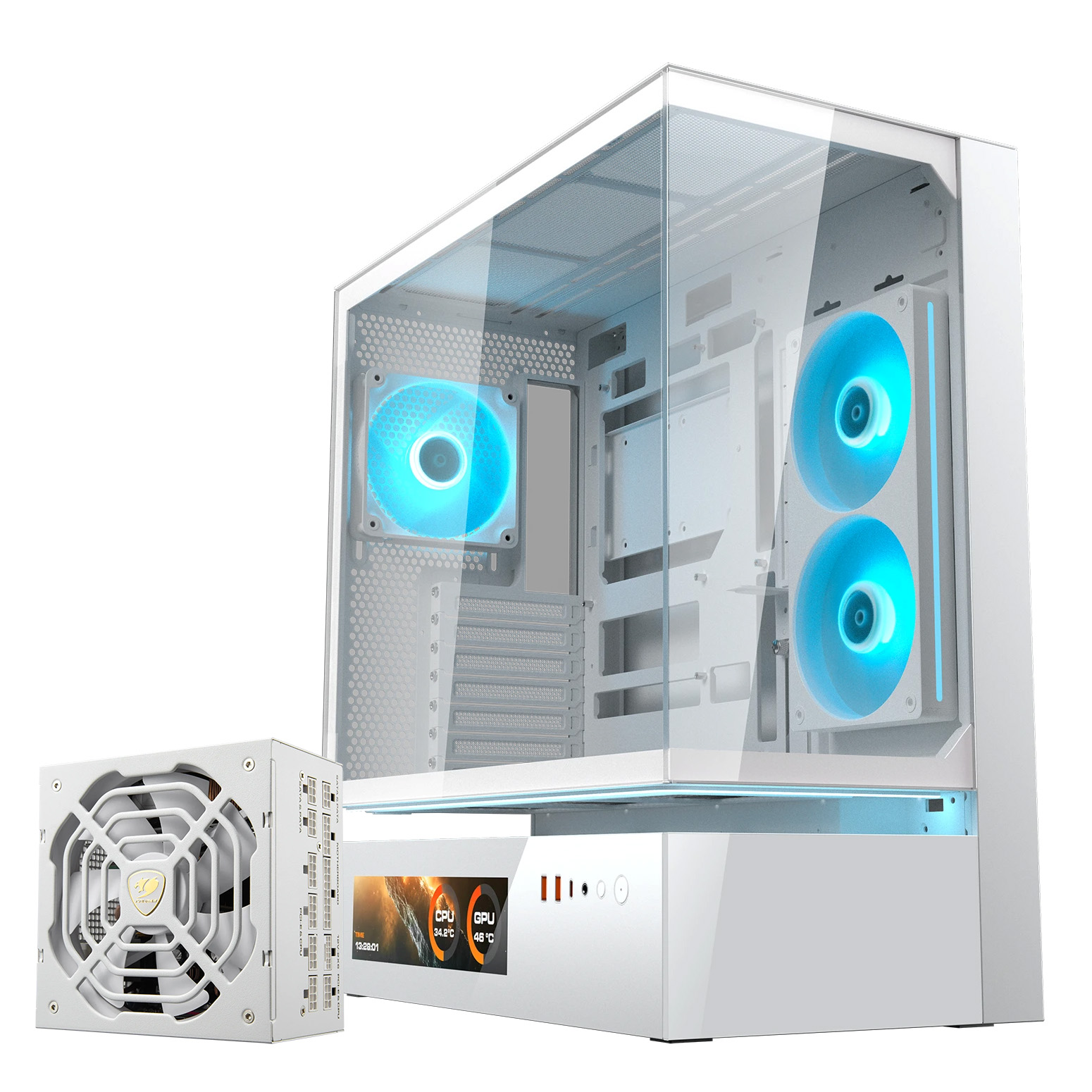 Ein weißer PC-Gehäuse mit blauen Lüftern und ein weißes Netzteil daneben.