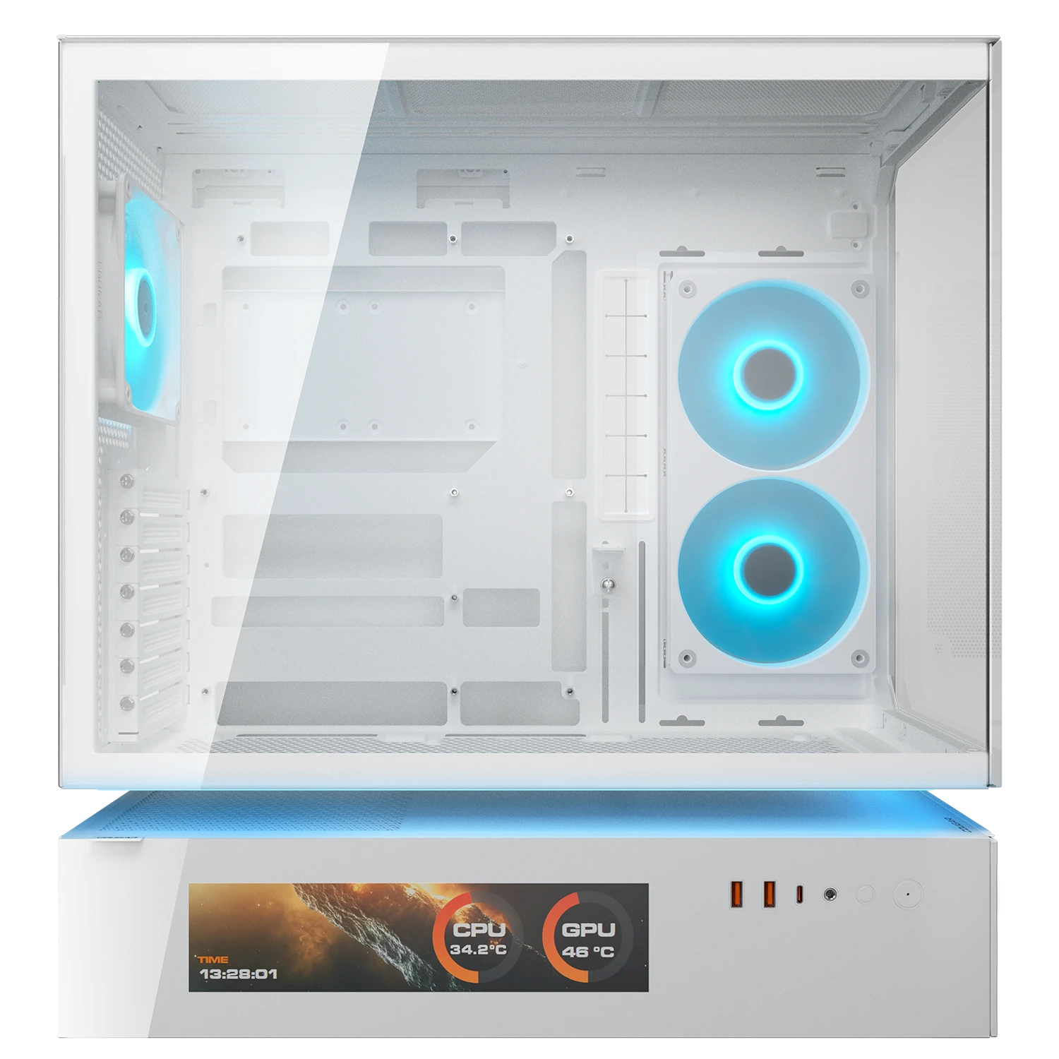 Weier Computerturm mit Glasseitenwand, blauen LED-Lftern und vorderem LCD-Bildschirm.