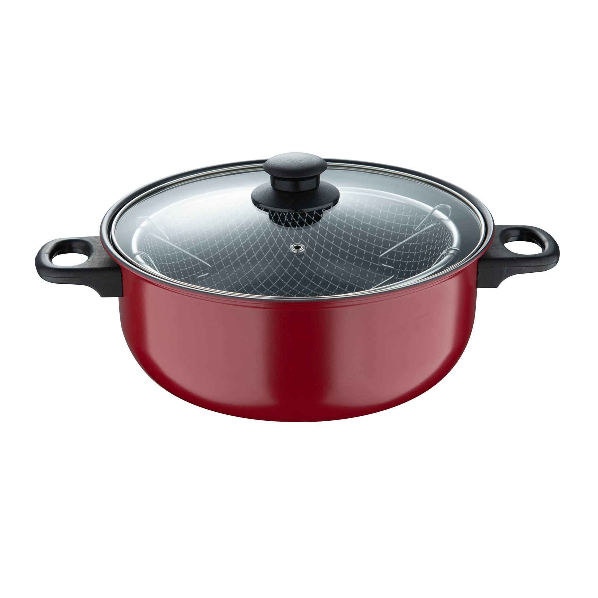 Una freidora roja con tapa de cristal y cesta.