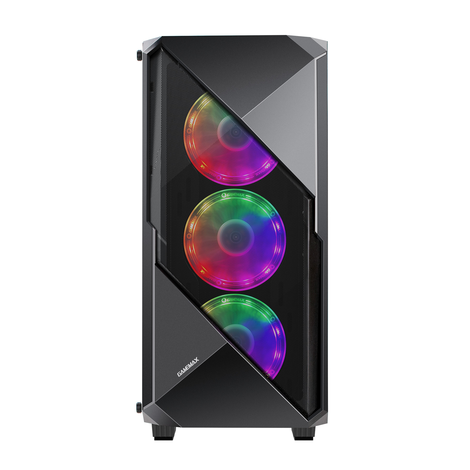 Schwarzes Computergehäuse mit drei RGB-Lüftern und Netzfront.